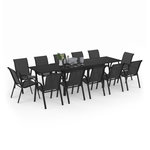 ID MARKET Salon de jardin MADRID table extensible 135-270 CM et 12 chaises empilables noir
