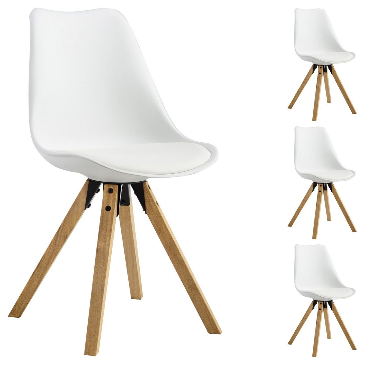 IDIMEX Lot de 4 chaises de salle à manger TYSON style scandinave design nordique piètement bois massif, siège coque en plastique blanc