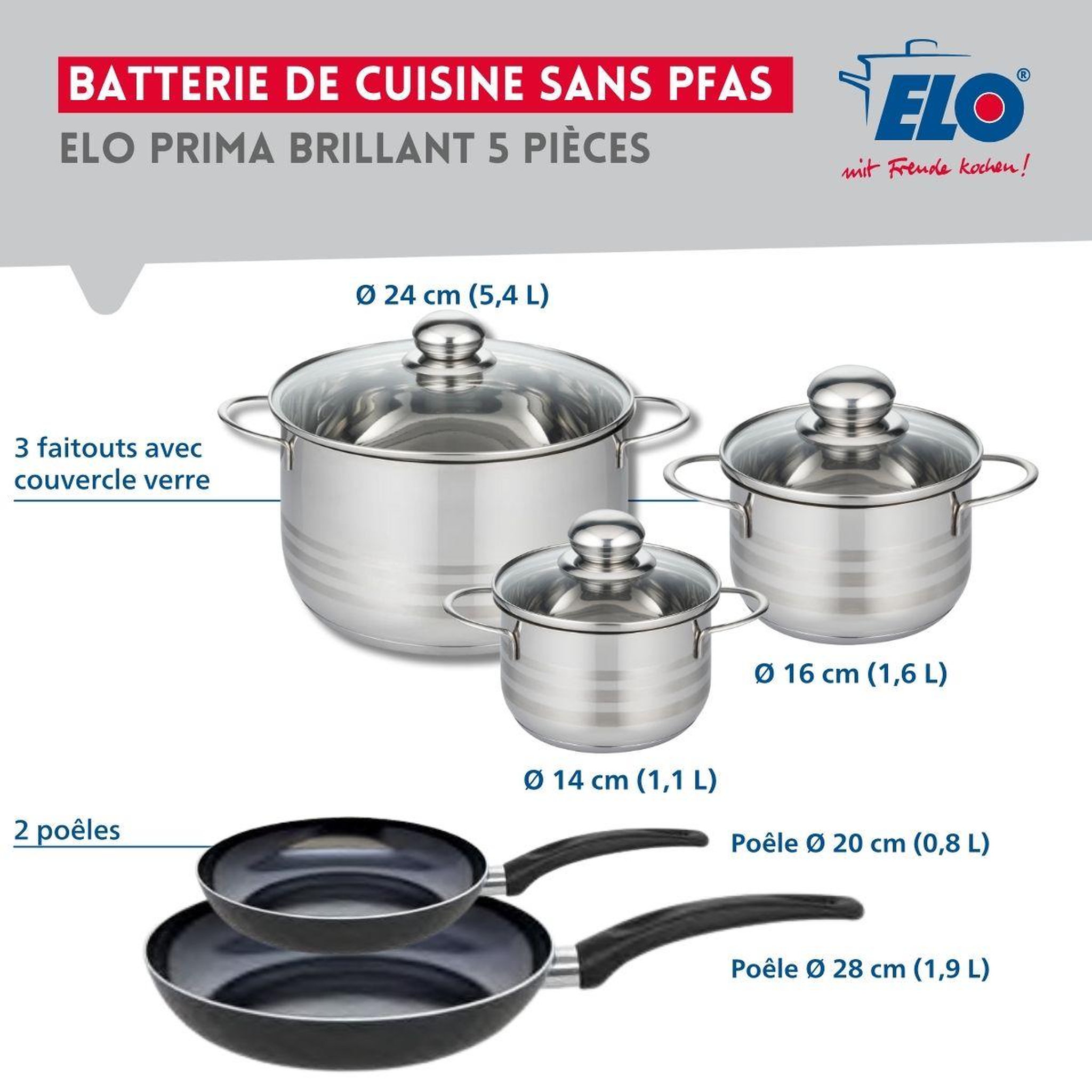 Voir la diapositive 2 : ELO Ensemble de 2 poêles de cuisson 20 et 28 cm et 3 faitouts 14, 16 et 24 cm elo prima brillant