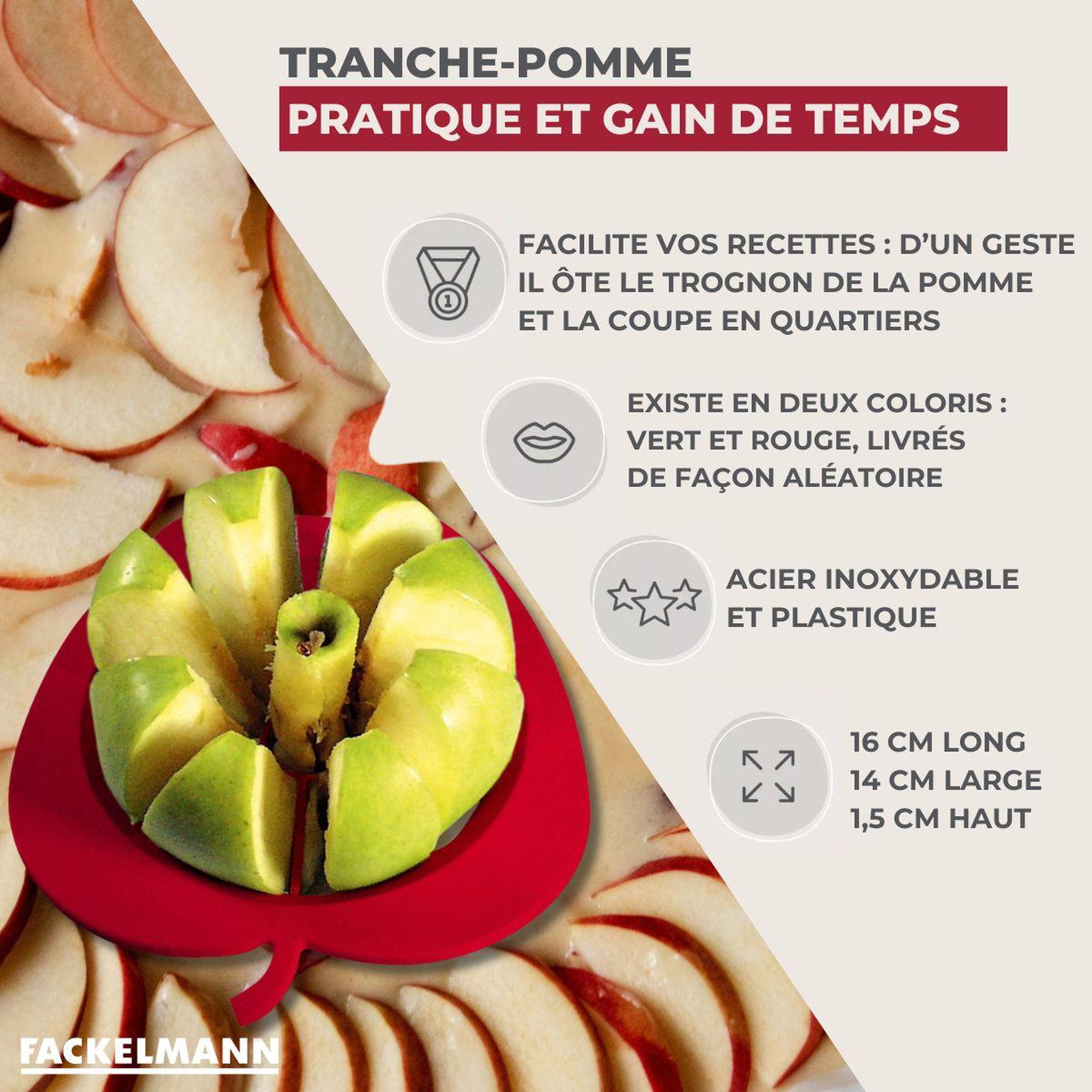 Voir la diapositive 3 : Fackelmann Coupe pomme en 8 morceaux couleur aléatoire fackelmann colors edition
