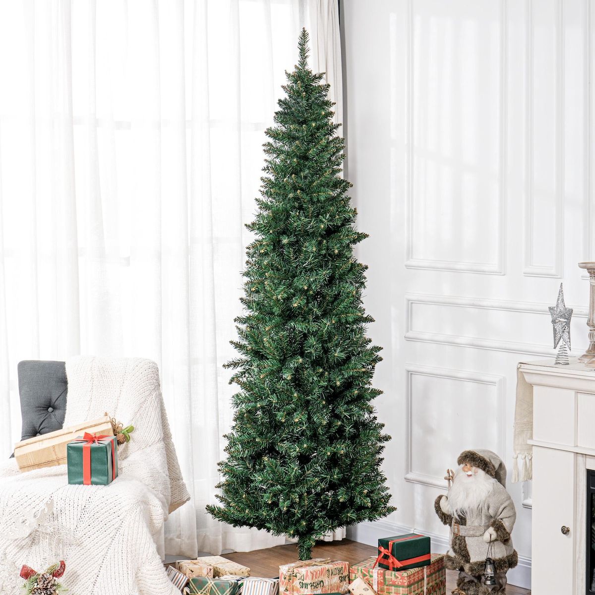 HOMCOM Sapin de Noël artificiel 210 cm slim avec support en acier pliable, 687 branches épines, décoration de Noël effet réaliste, vert