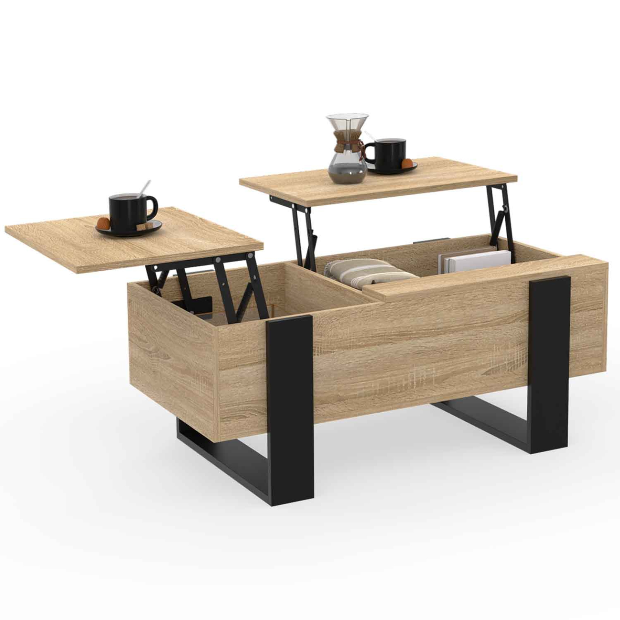 ID MARKET Table basse 2 plateaux relevables phoenix bois et noir
