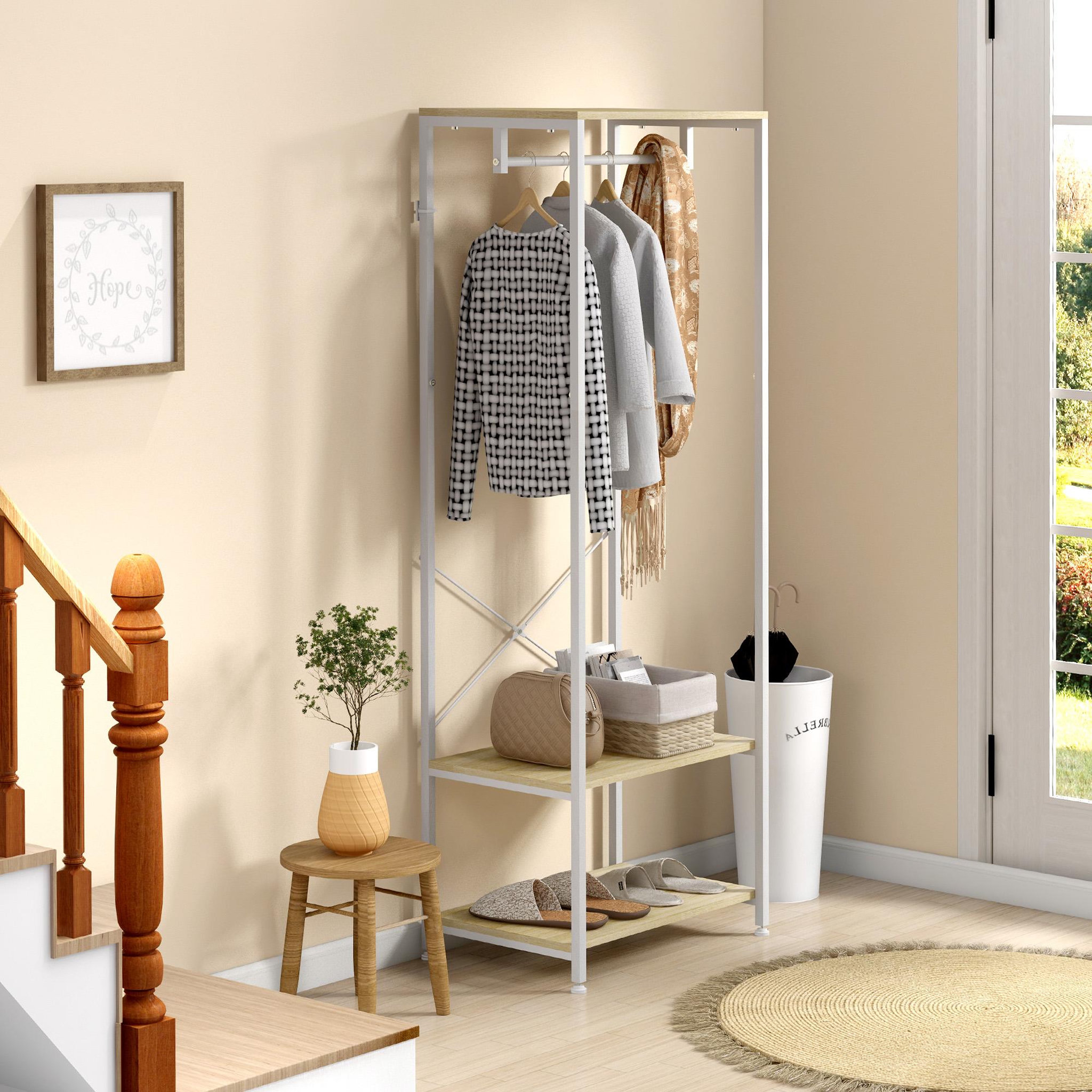 Voir la diapositive 6 : HOMCOM Penderie vestiaire d'entrée 2 étagères tringle acier blanc panneaux aspect bois clair