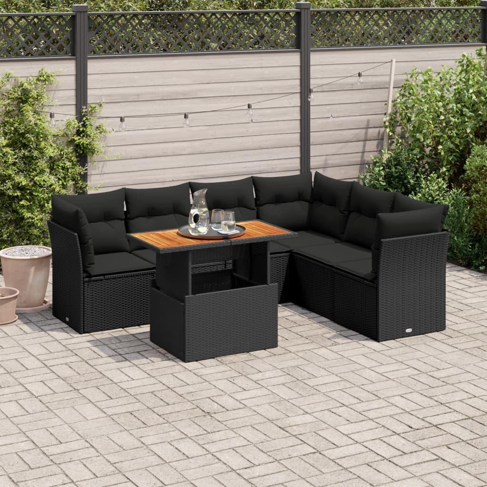 VIDAXL Salon de jardin 7 pcs avec coussins noir resine tressee