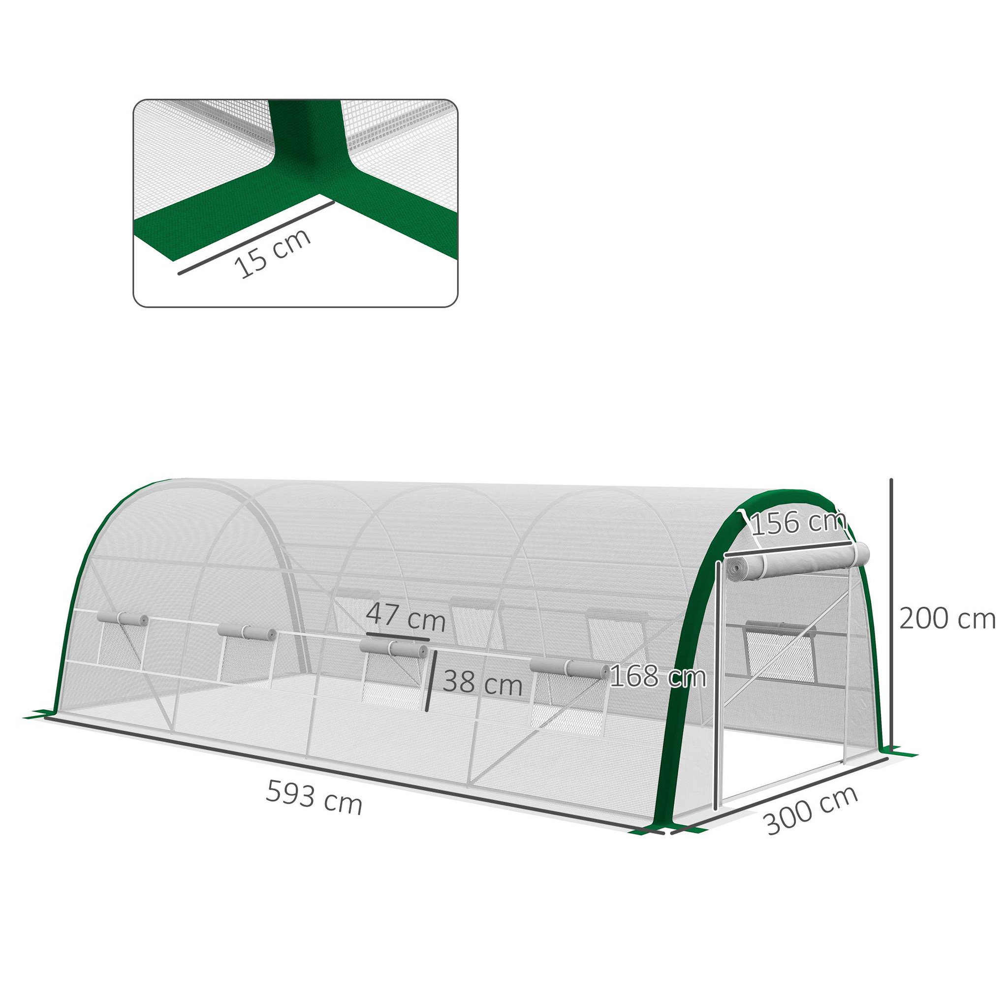 Voir la diapositive 3 : OUTSUNNY Serre de jardin tunnel surface sol 18 m² châssis tubulaire acier galvanisé renforcé 24 mm 8 fenêtres pe maillé blanc vert