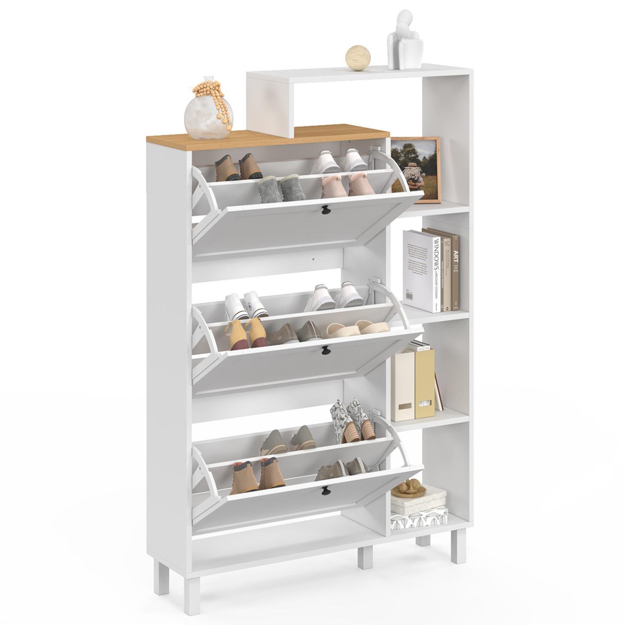 Voir la diapositive 4 : ID MARKET Meuble à chaussures 18 paires achille 3 portes blanc et plateau bois avec étagère