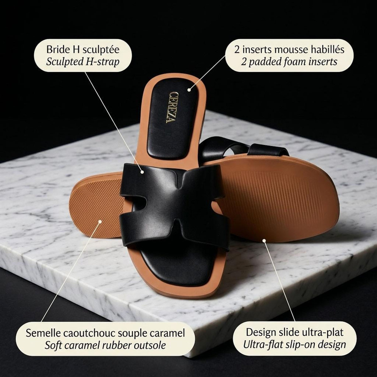 OZABI OZABI Sandales Slide H-Strap Cuir Synthétique Or Noir