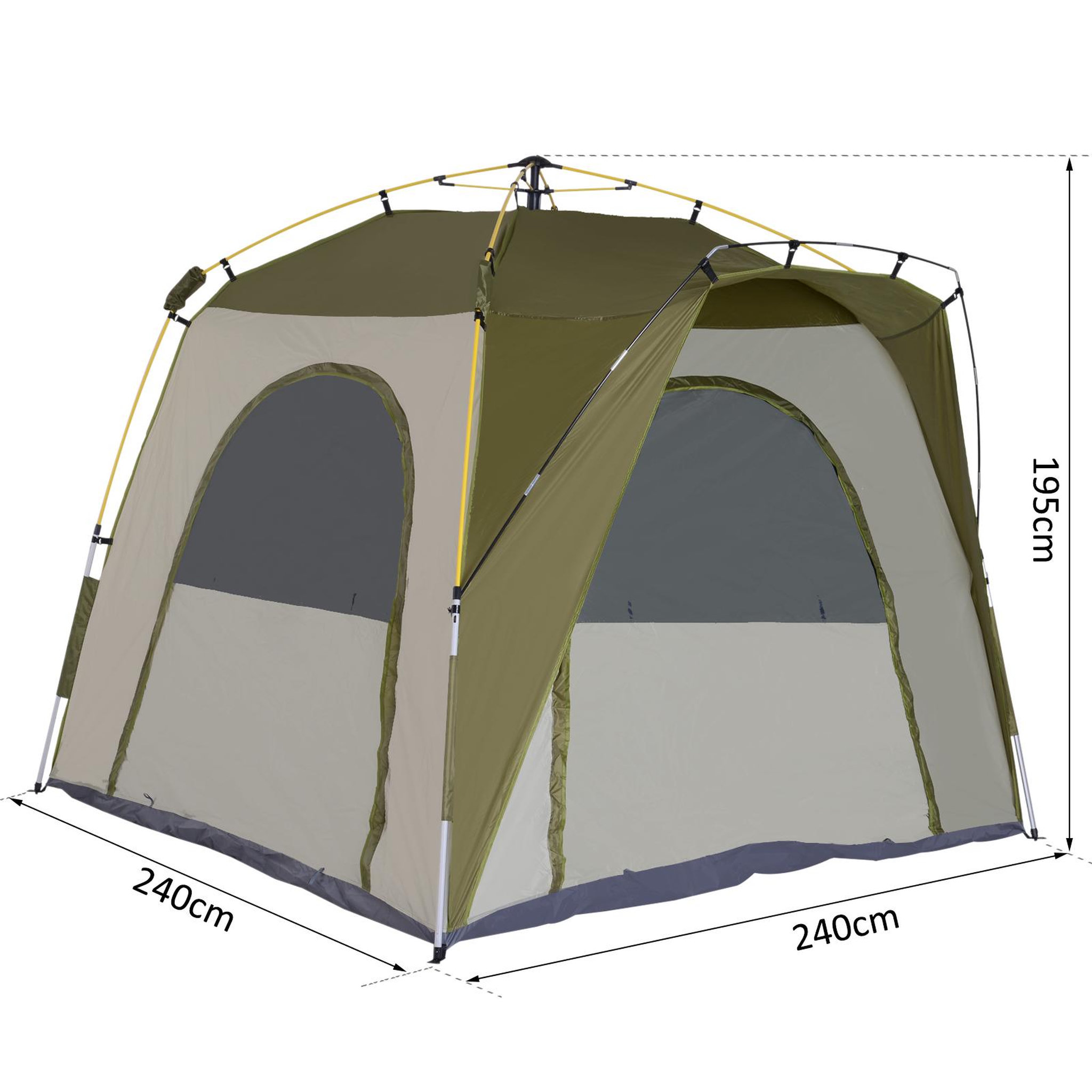 Voir la diapositive 3 : OUTSUNNY Tente de camping familiale 4 personnes montage instantanée pop-up 4 fenêtres pare-soleil dim. 2,4l x 2,4l x 1,95h m fibre verre polyester vert gris