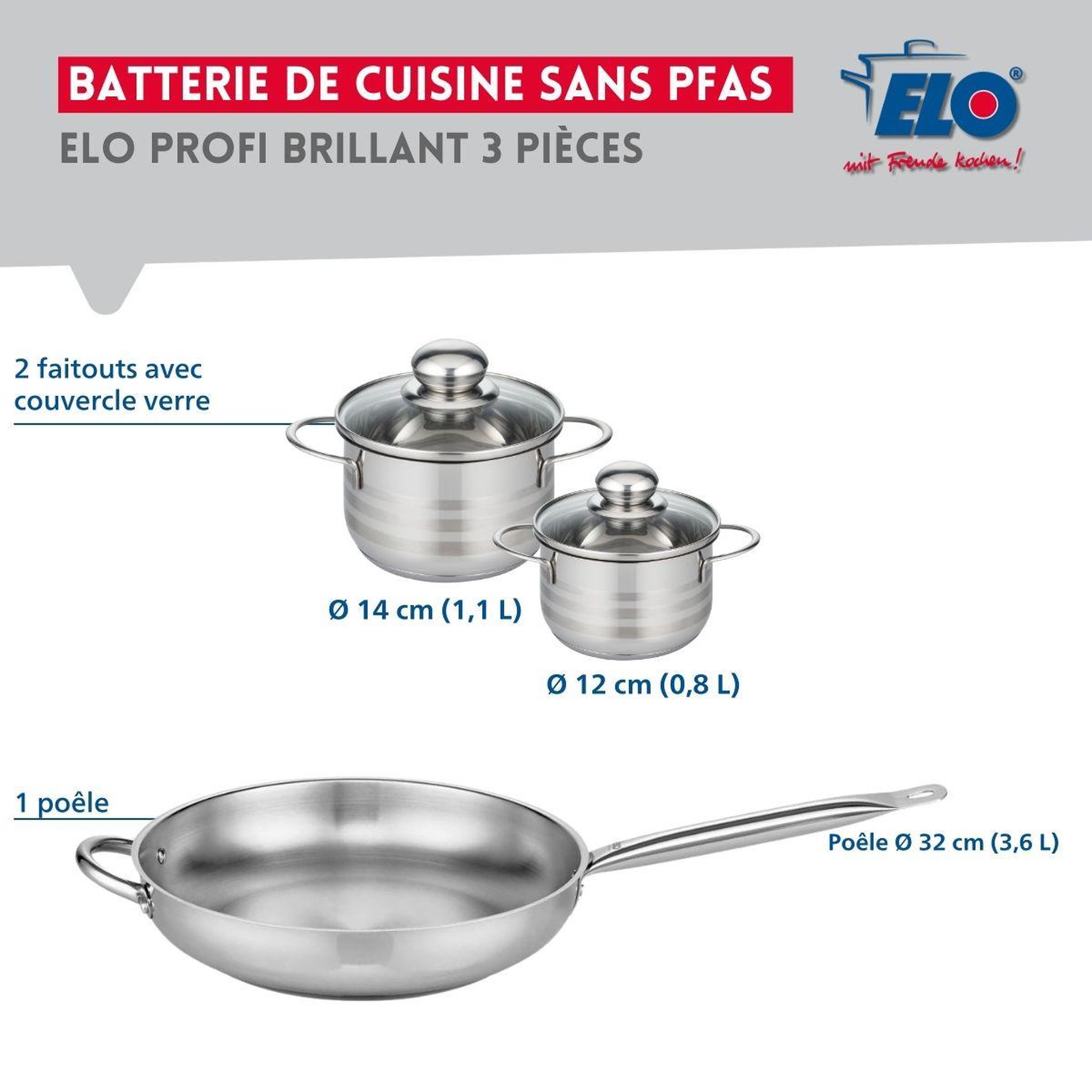 Voir la diapositive 2 : ELO Ensemble de 1 poêle de cuisson 32 cm et 2 faitouts 12 et 14 cm elo profi brillant