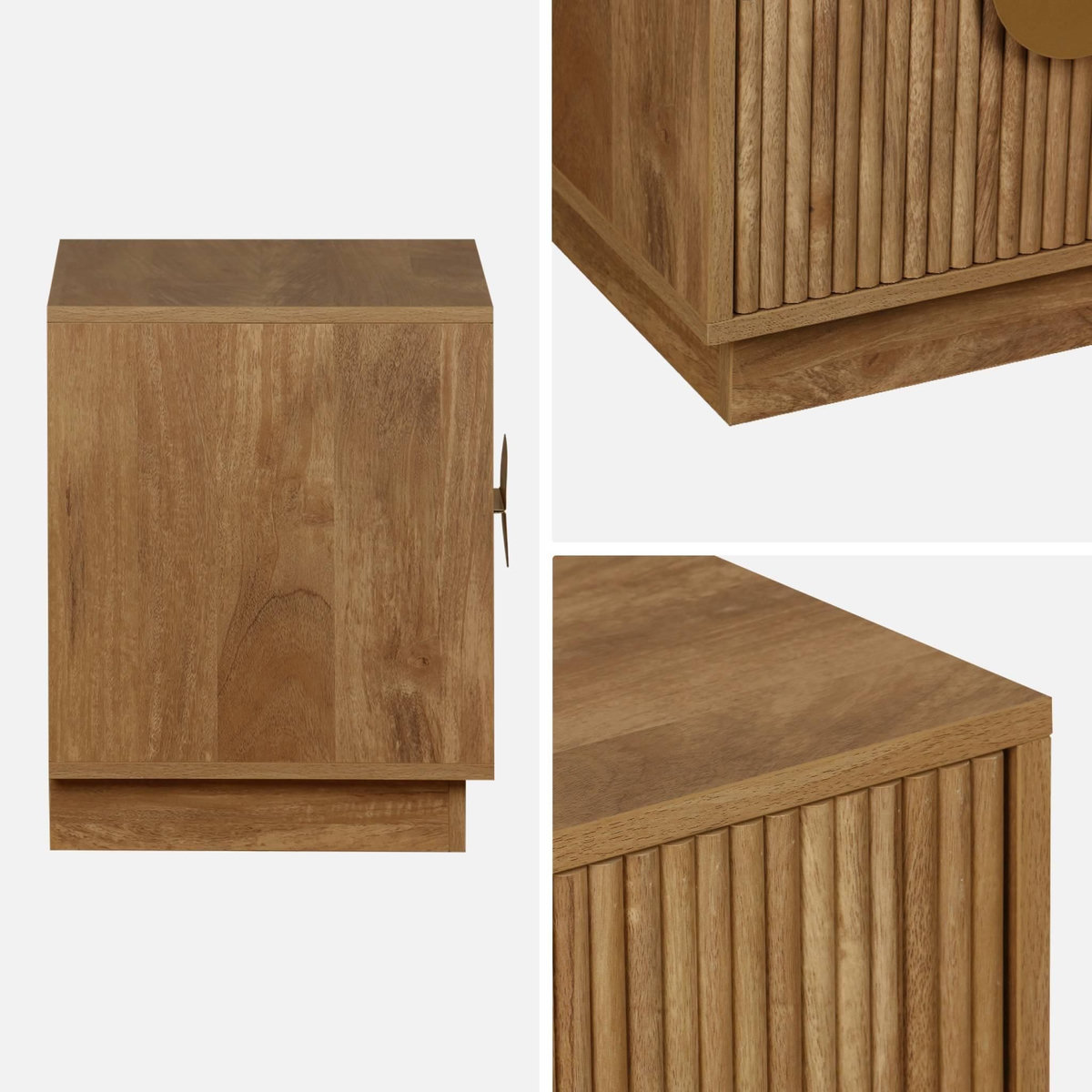 SWEEEK Table de chevet 2 tiroirs décor bois de manguier rainuré. poignées en métal doré. L42 x P38 x H50cm