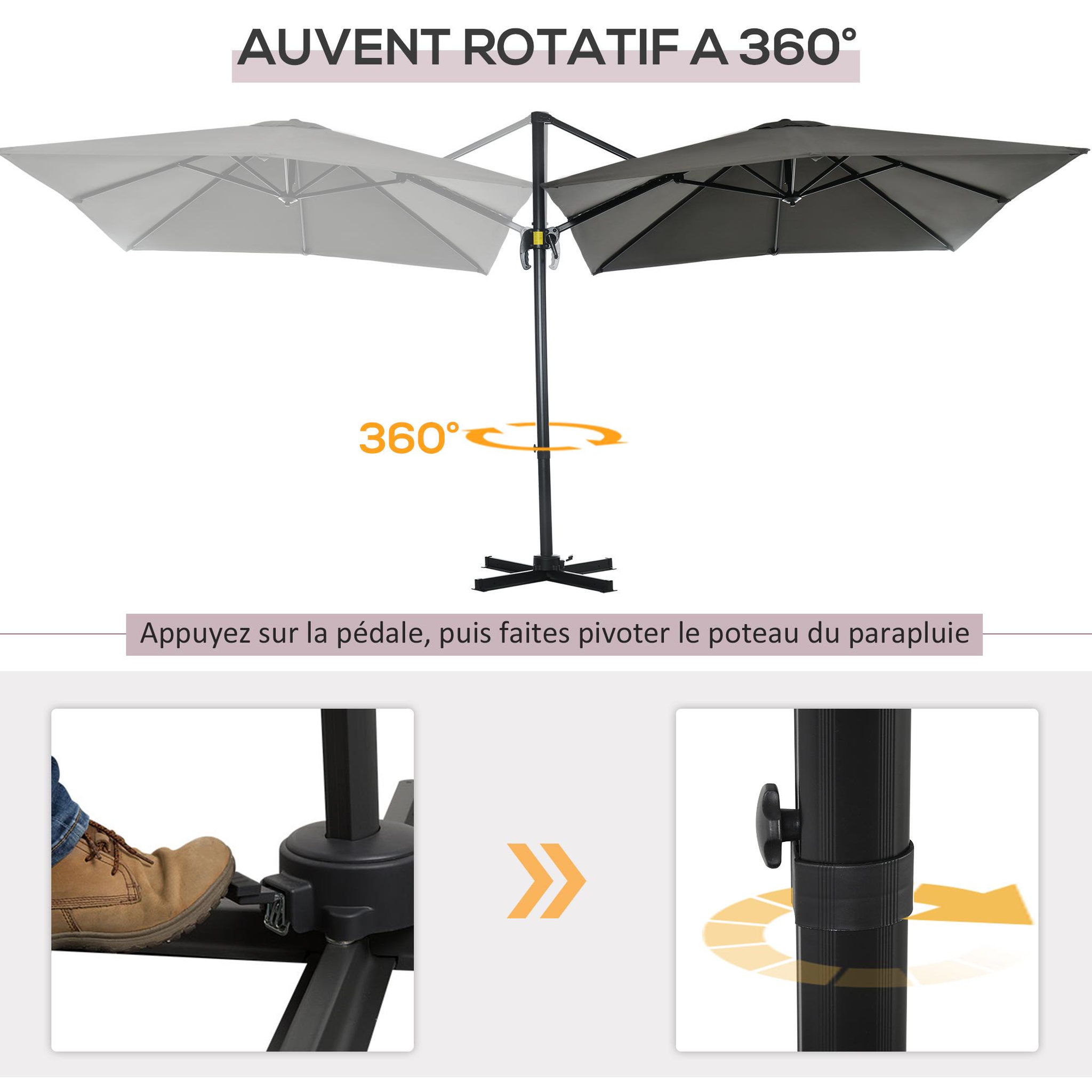 Voir la diapositive 4 : OUTSUNNY Parasol déporté carré inclinable manivelle avec pied en acier dim. 2,45L x 2,45l x 2,45H m métal alu. polyester haute densité gris