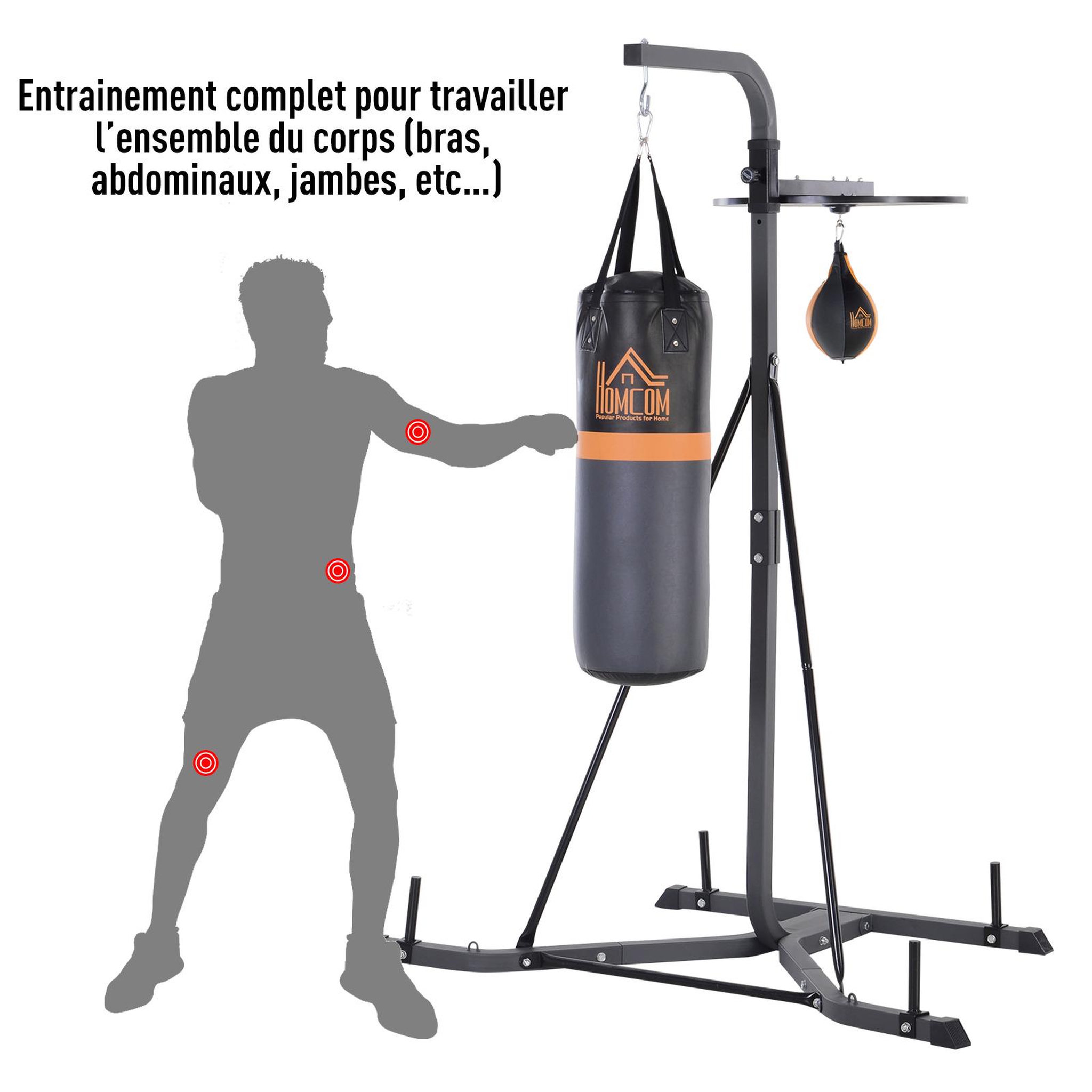 Voir la diapositive 4 : HOMCOM Portique sac de frappe plateforme station de boxe complète avec sac de frappe + poire de vitesse hauteur réglable 5 niveaux pompe à air fournie acier noir gris