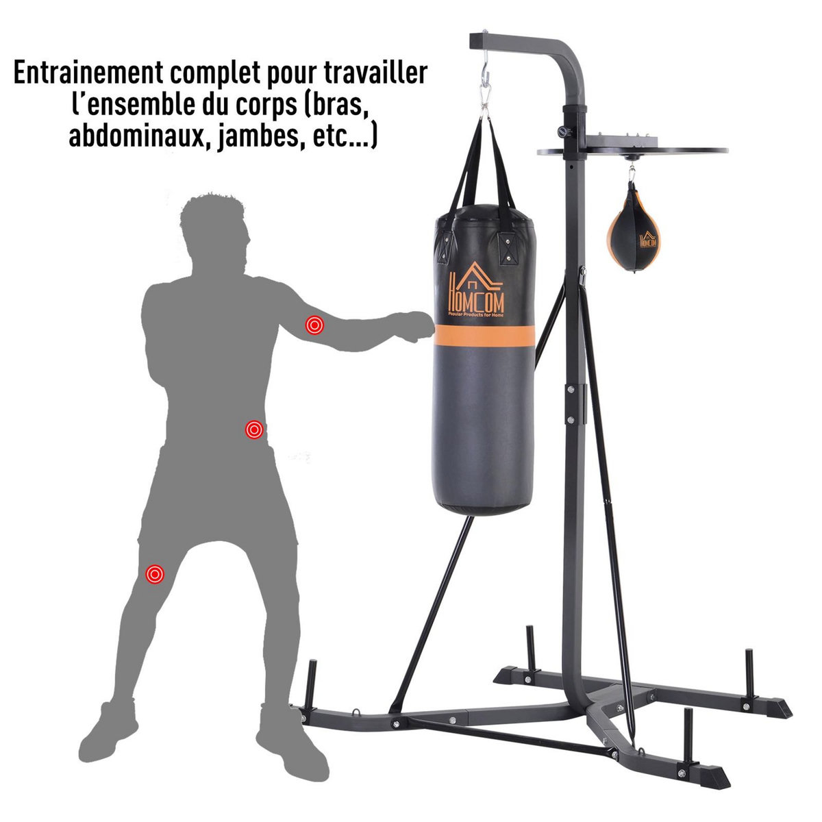 HOMCOM Portique sac de frappe plateforme station de boxe complète avec sac de frappe + poire de vitesse hauteur réglable 5 niveaux pompe à air fournie acier noir gris