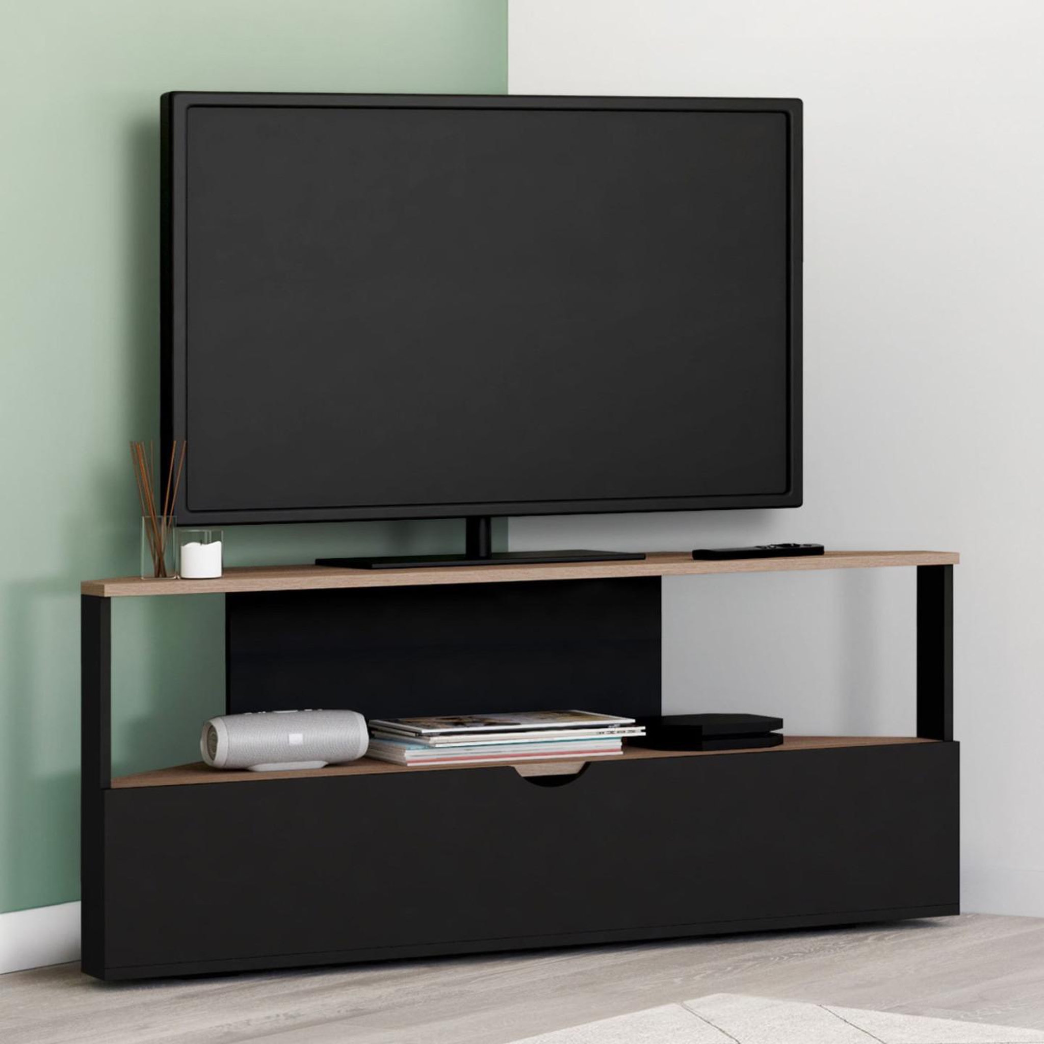 Voir la diapositive 2 : ID MARKET Meuble tv 100 cm d'angle eli bois façon hêtre et noir