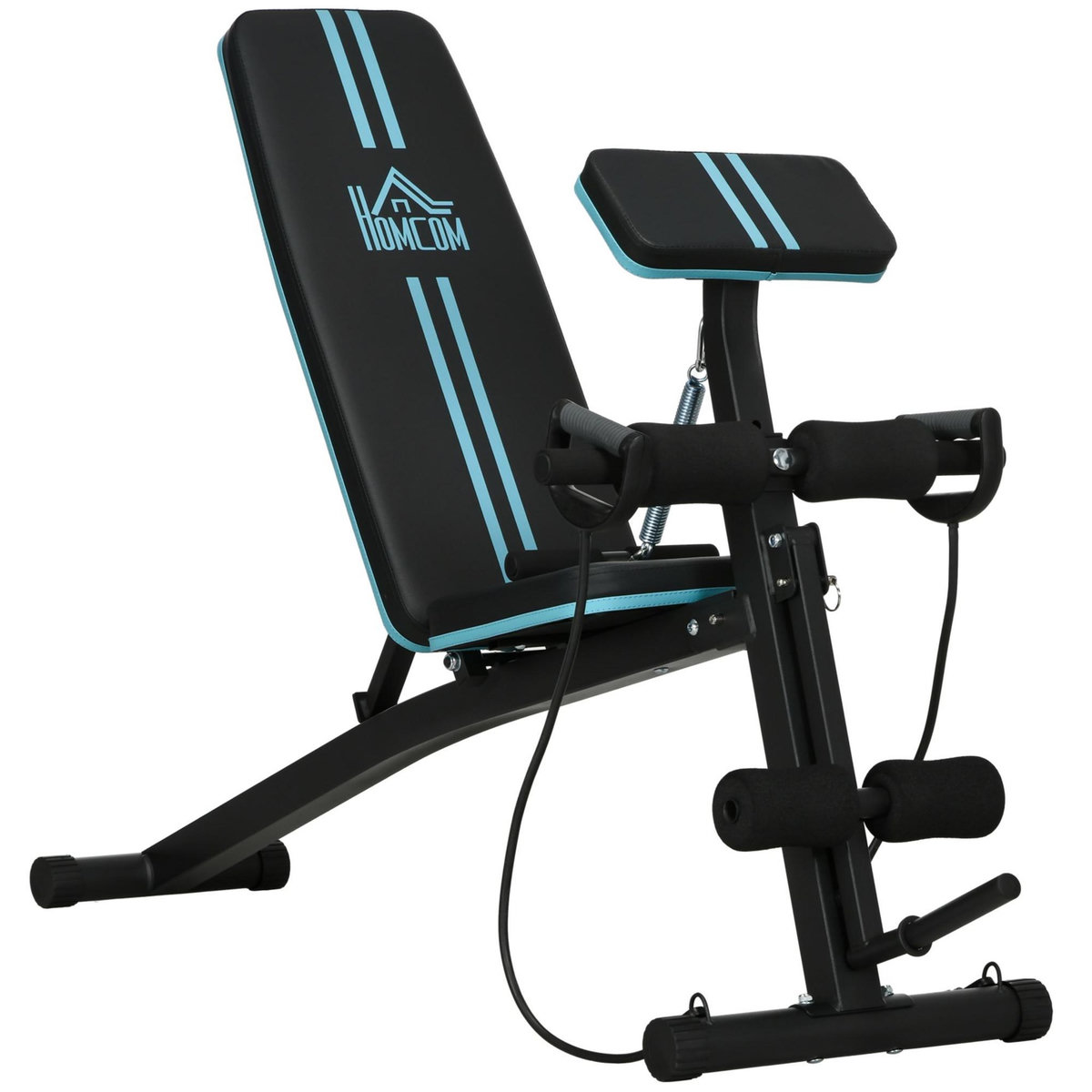 HOMCOM Banc de musculation pliable inclinable réglable sangles élastiques + support haltères inclus acier noir bleu