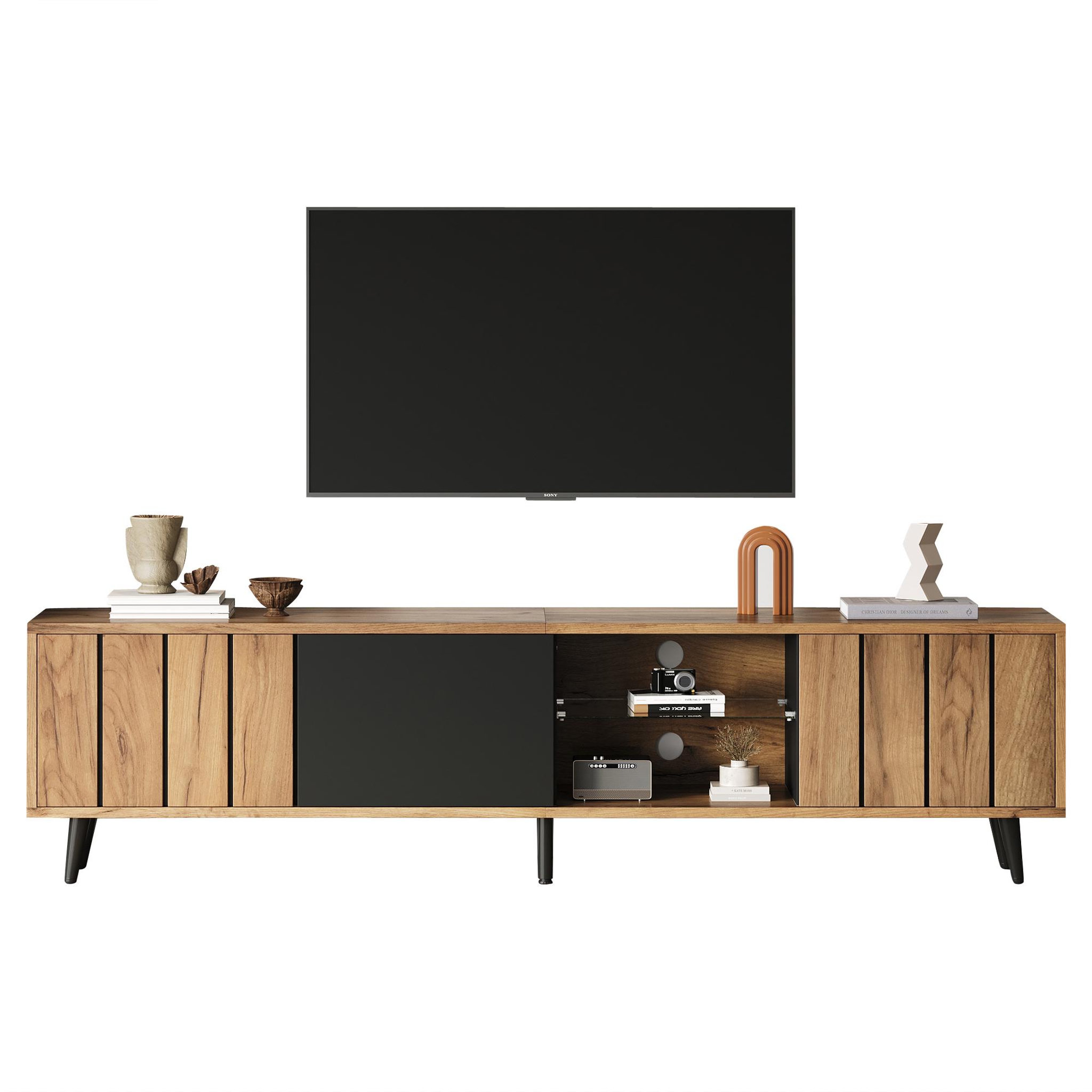 MERAX Meuble tv naturel+noir 175 cm panneau de particules