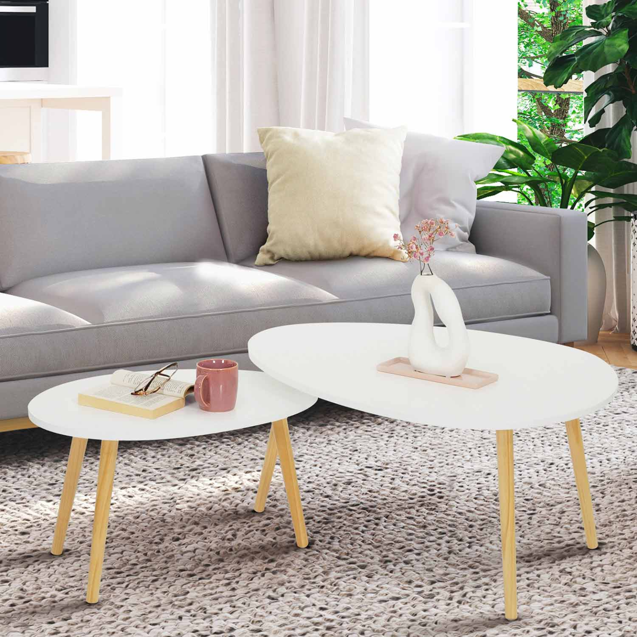 Voir la diapositive 2 : ID MARKET Lot de 2 tables basses gigognes gaia blanc scandinave