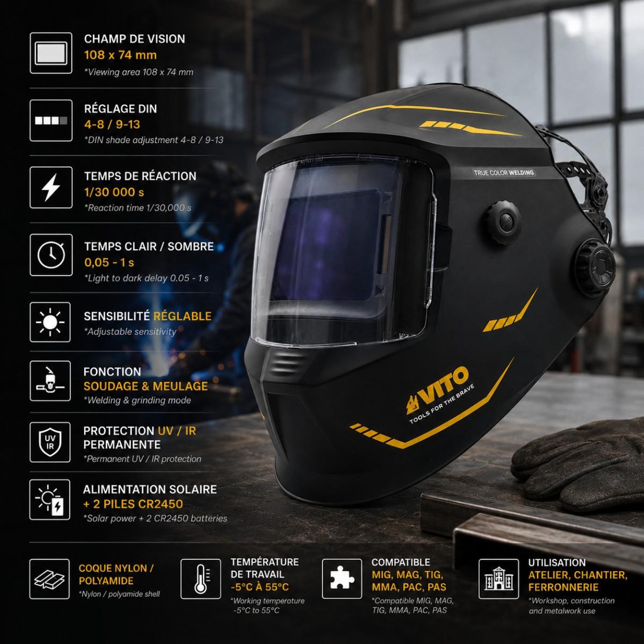 Voir la diapositive 2 : VITO Masque de soudure Electronique True Color Din 4-13 Cagoule de soudage MIG MAG TIG MMA Auto-obscurcissement VITO