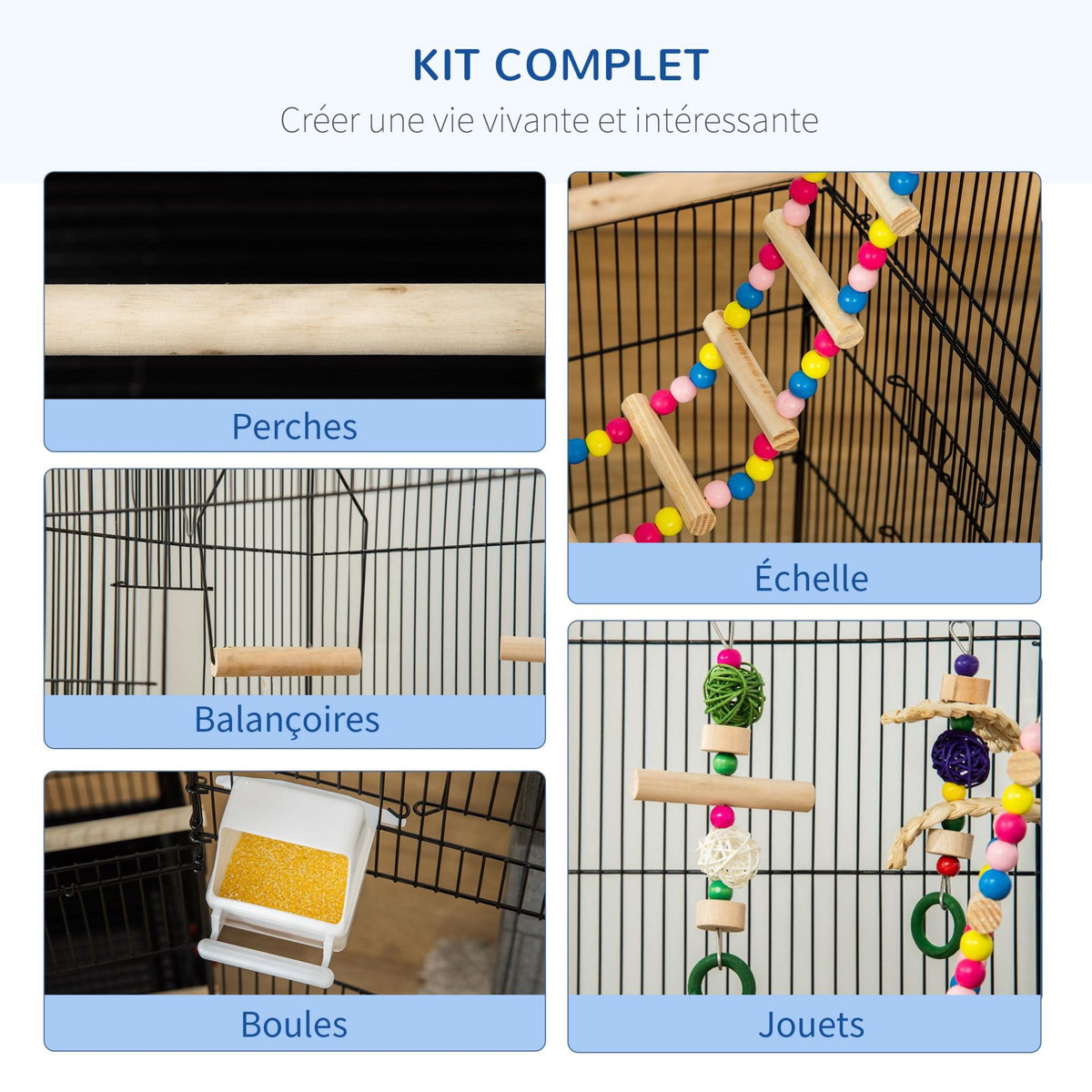 PAWHUT Cage à oiseaux volière dim. 46L x 36l x 100H cm - 4 mangeoires, 3 perchoirs, balançoire, 2 portes, 9 trappes, échelle, 2 jouets suspendus, plateau déjection - PP acier noir