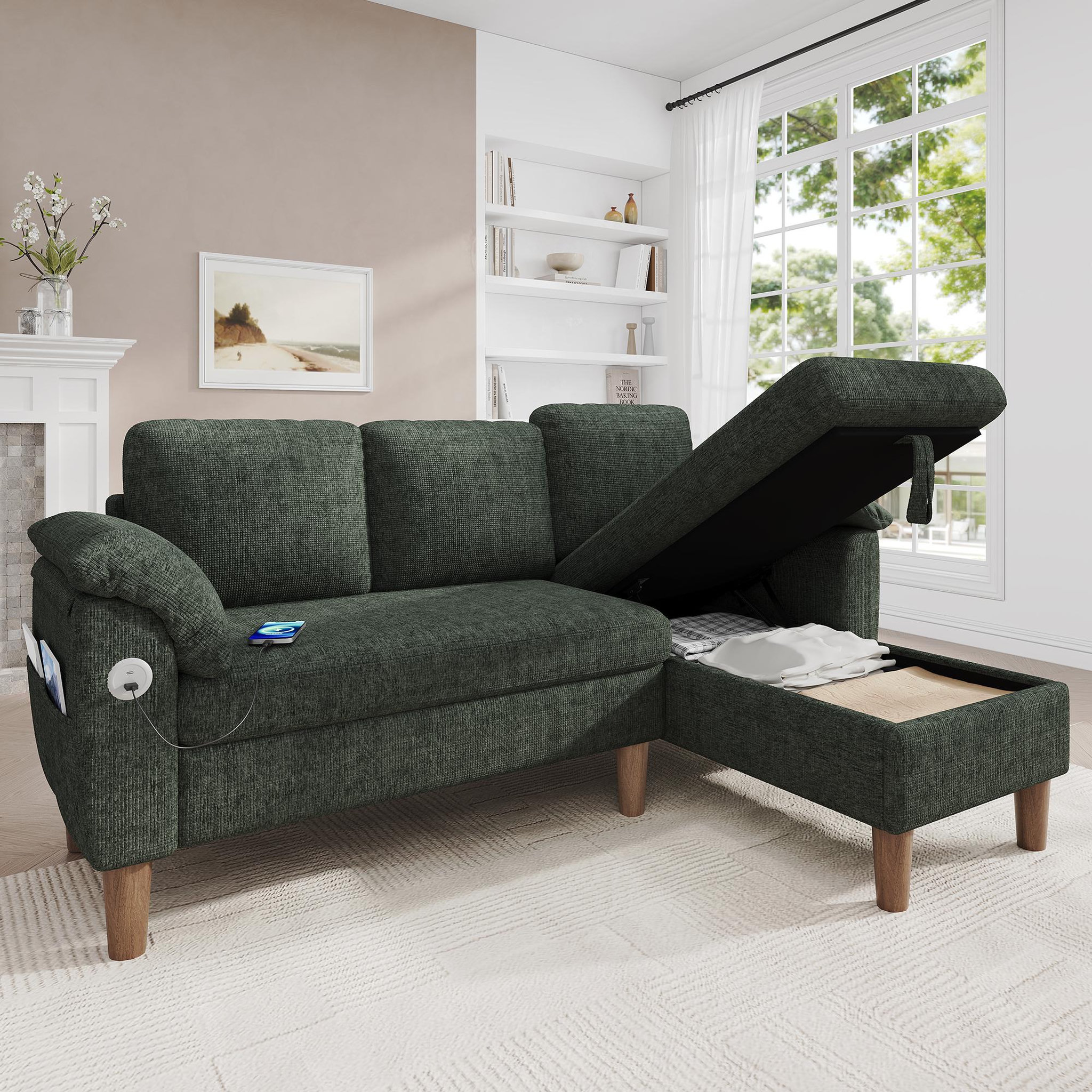 Voir la diapositive 2 : MERAX Canapé d'angle 3 places avec méridienne coffre tissu chenille usb type-c