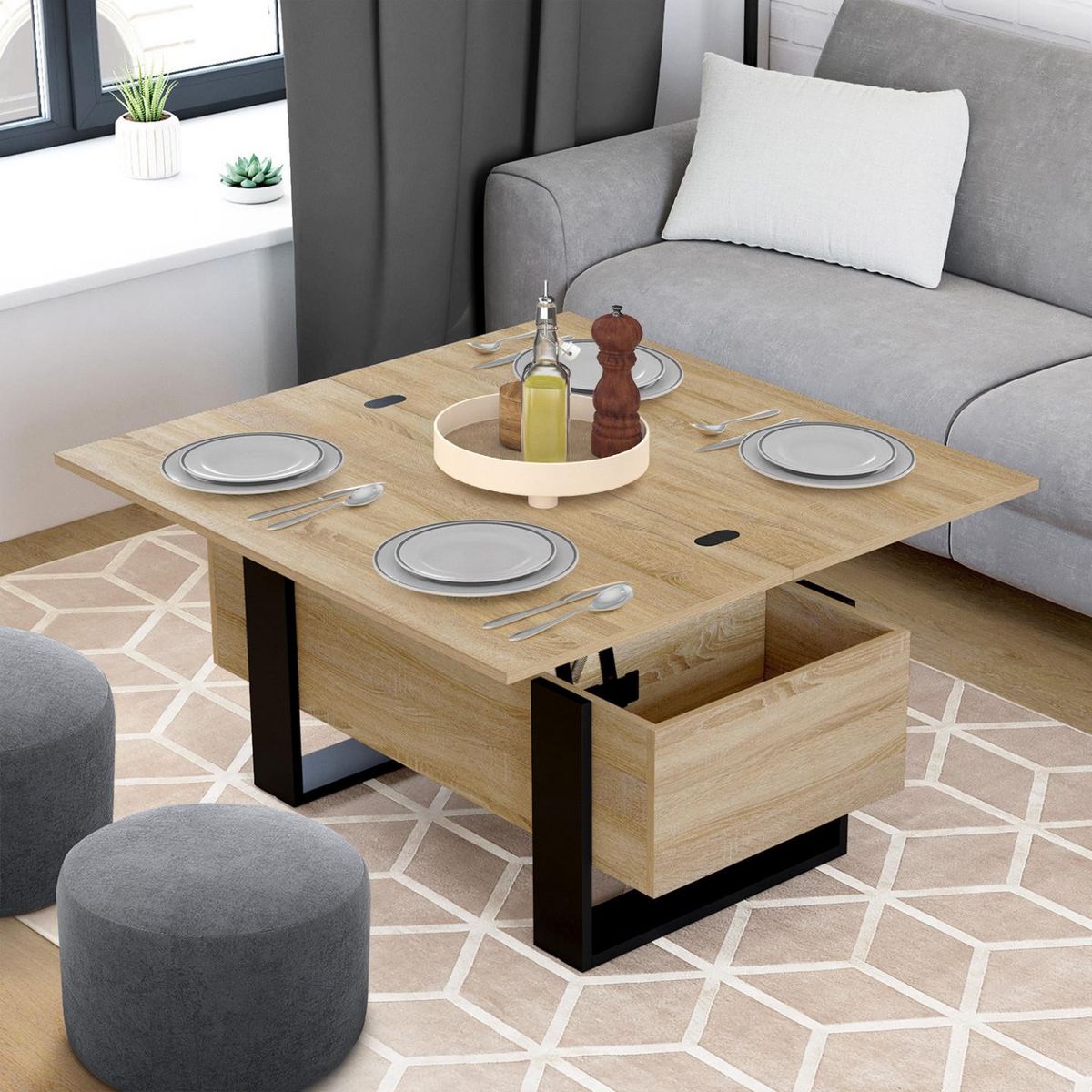 ID MARKET Table basse plateau relevable rectangulaire convertible en table à manger PHOENIX 97,5 cm bois et noir