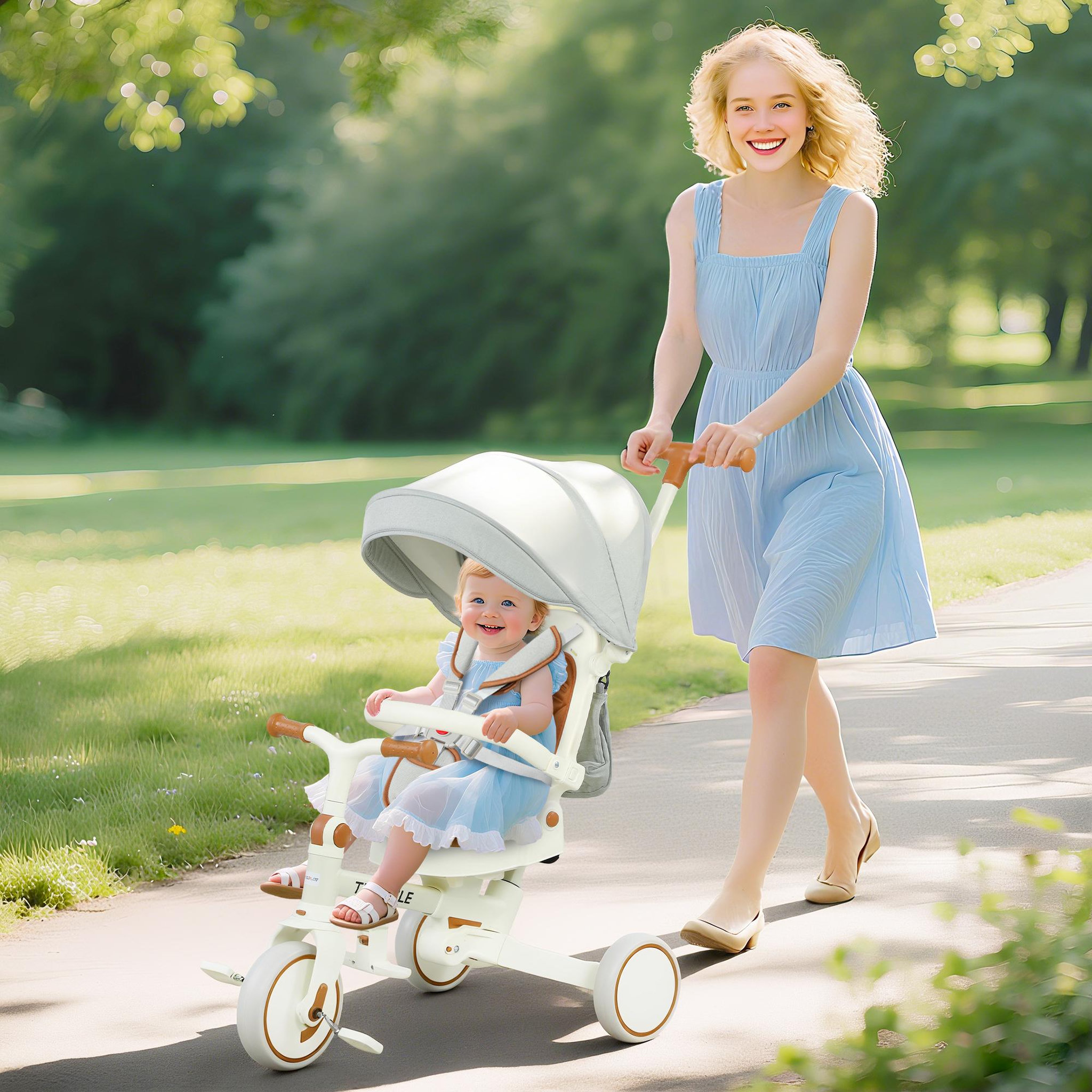 Voir la diapositive 6 : HOMCOM Tricycle enfant pliable évolutif 5 en 1 poignée telescopique auvent amovible marron crème
