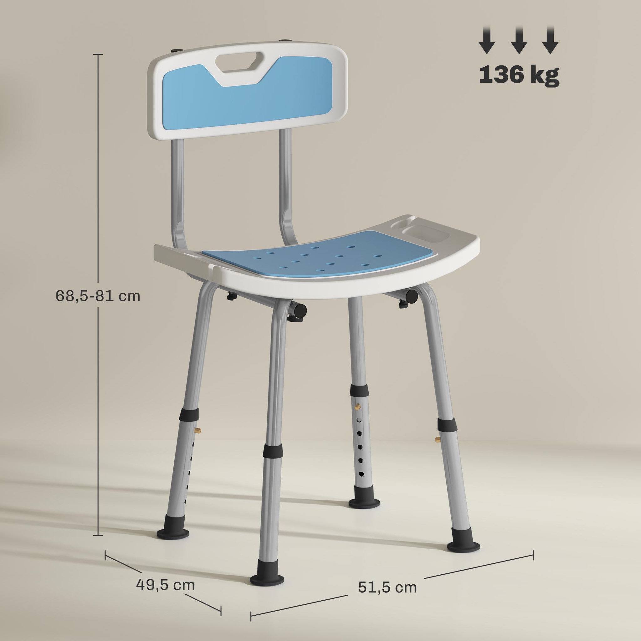 Voir la diapositive 3 : HOMCOM Chaise de douche siège de douche ergonomique hauteur réglable pieds antidérapants charge max. 136 kg alu hdpe bleu