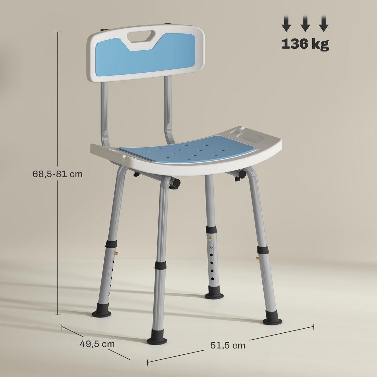 HOMCOM Chaise de douche siège de douche ergonomique hauteur réglable pieds antidérapants charge max. 136 Kg alu HDPE bleu