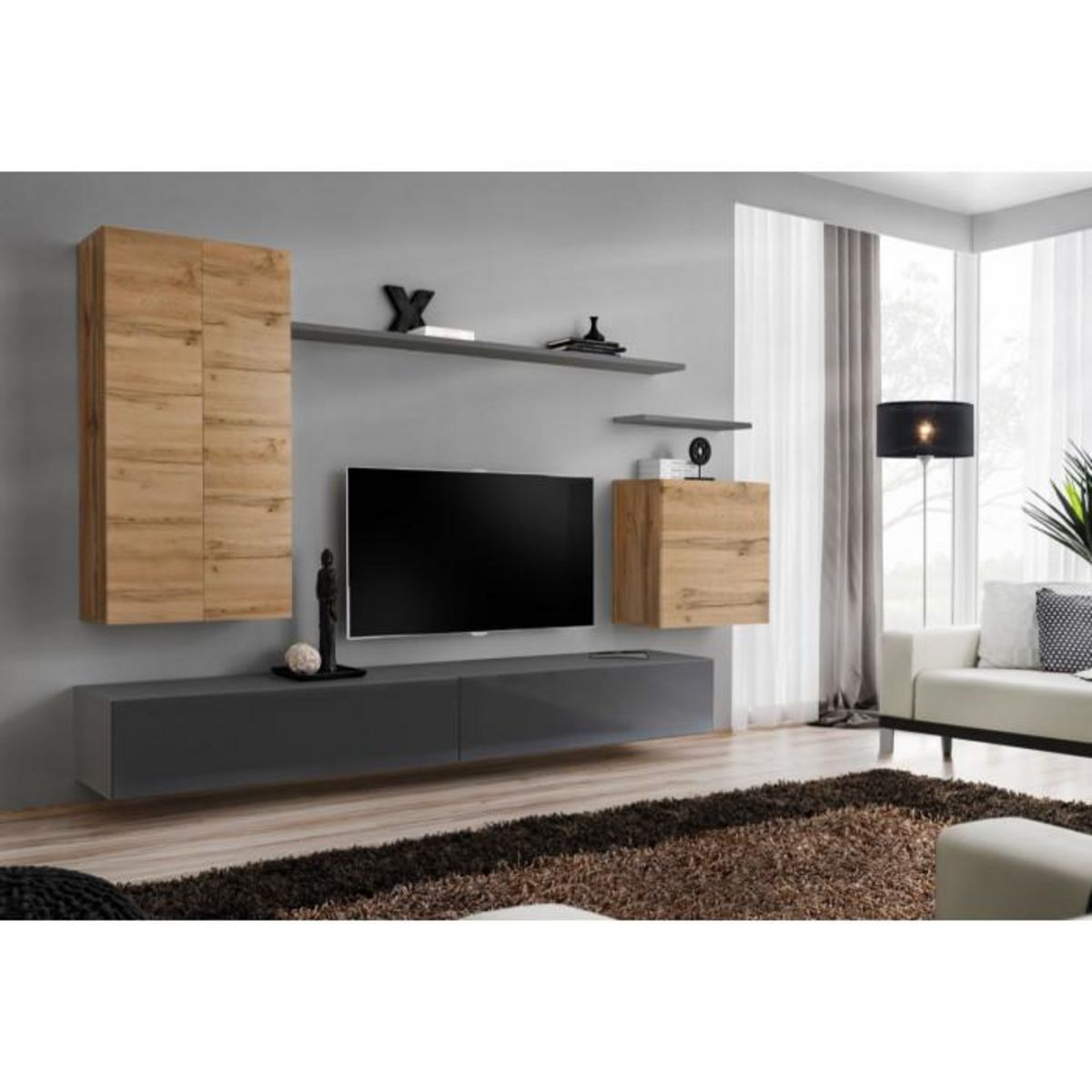 Paris Prix Meuble TV Mural Design  Switch II  270cm Naturel & Gris