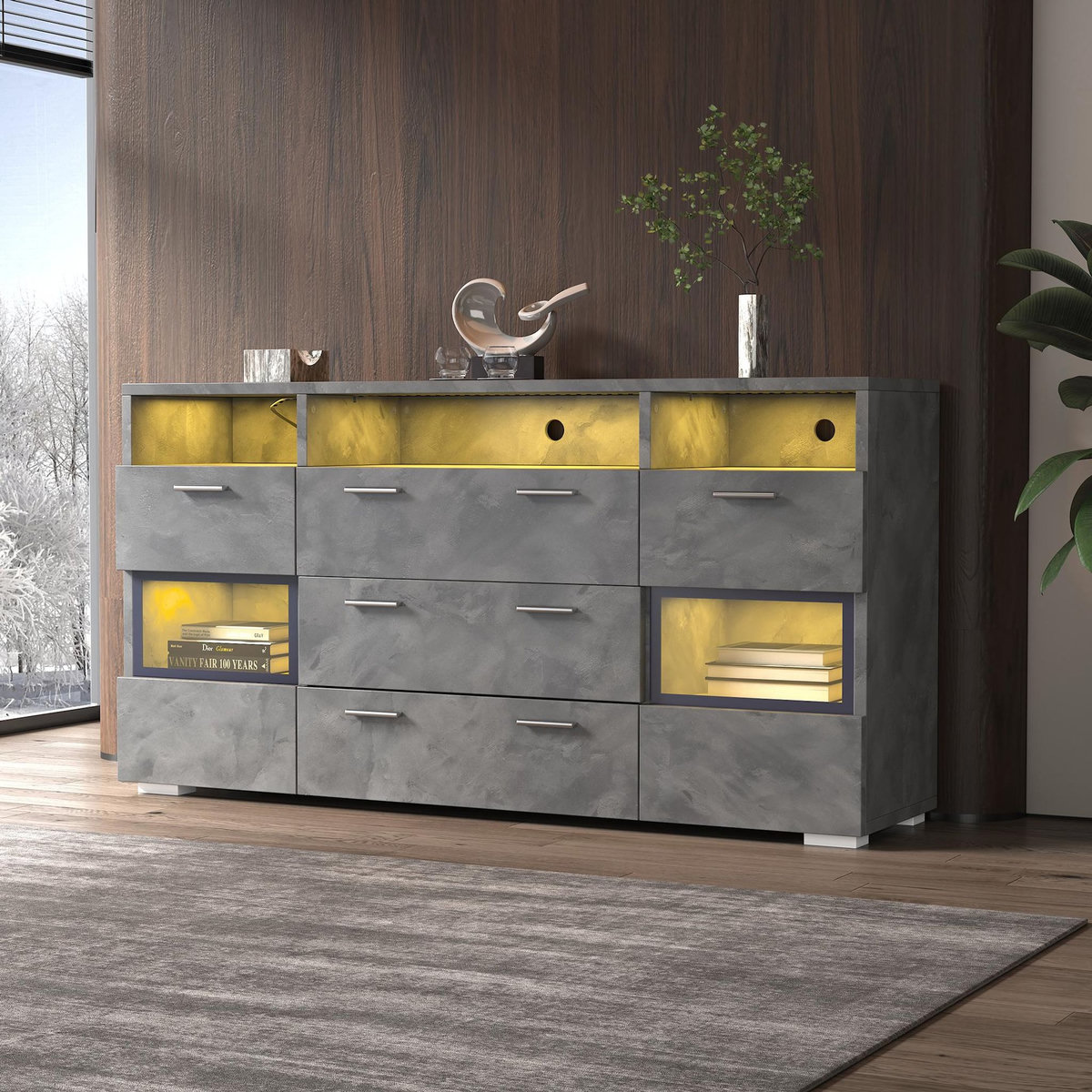 MERAX Buffet 2 porte(s) 3 tiroir(s) - 140 cm gris led panneau de particules
