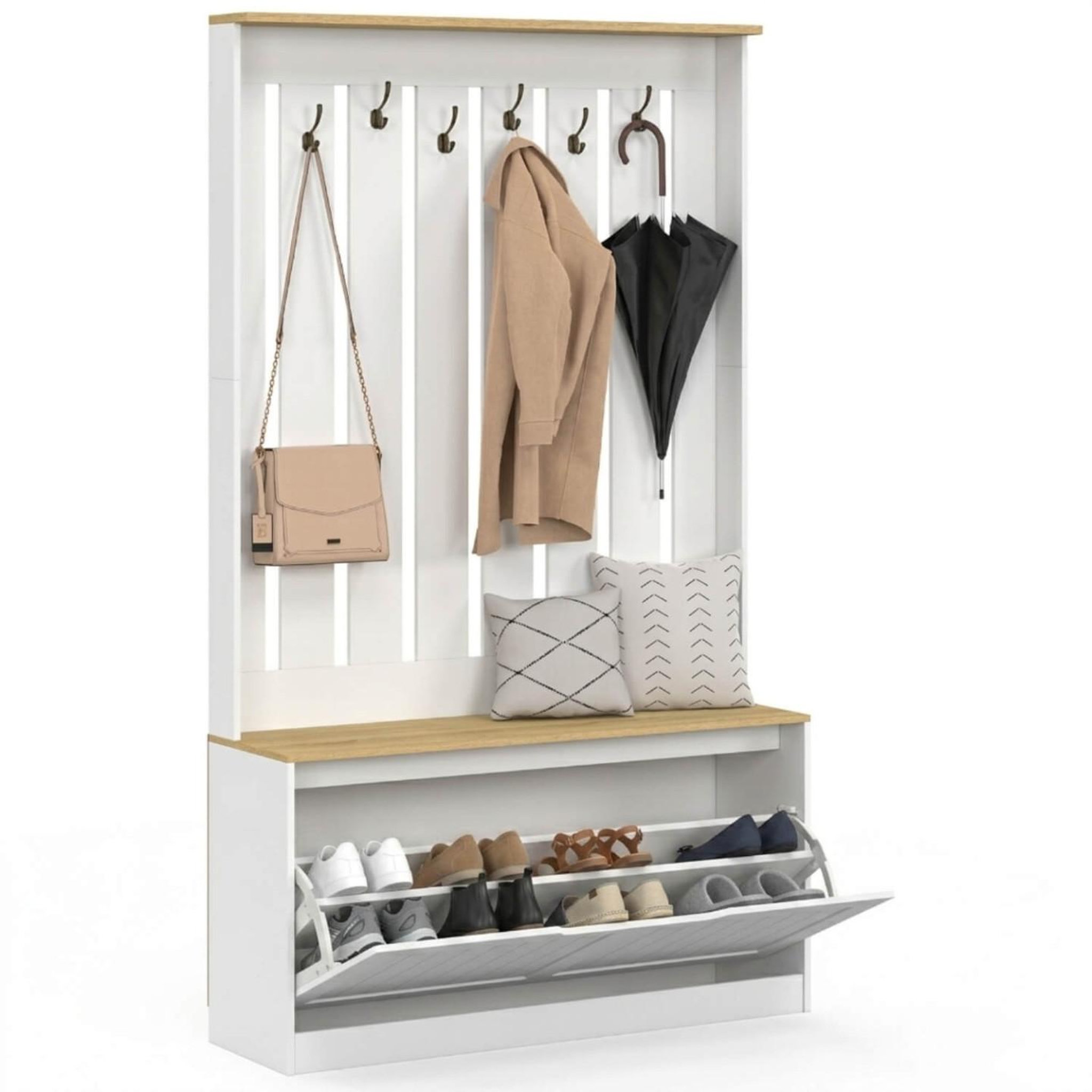 Voir la diapositive 4 : ID MARKET Vestiaire d'entrée LEON meuble chaussures porte-manteau 6 crochets avec banc pour l'entrée, le salon, la chambre