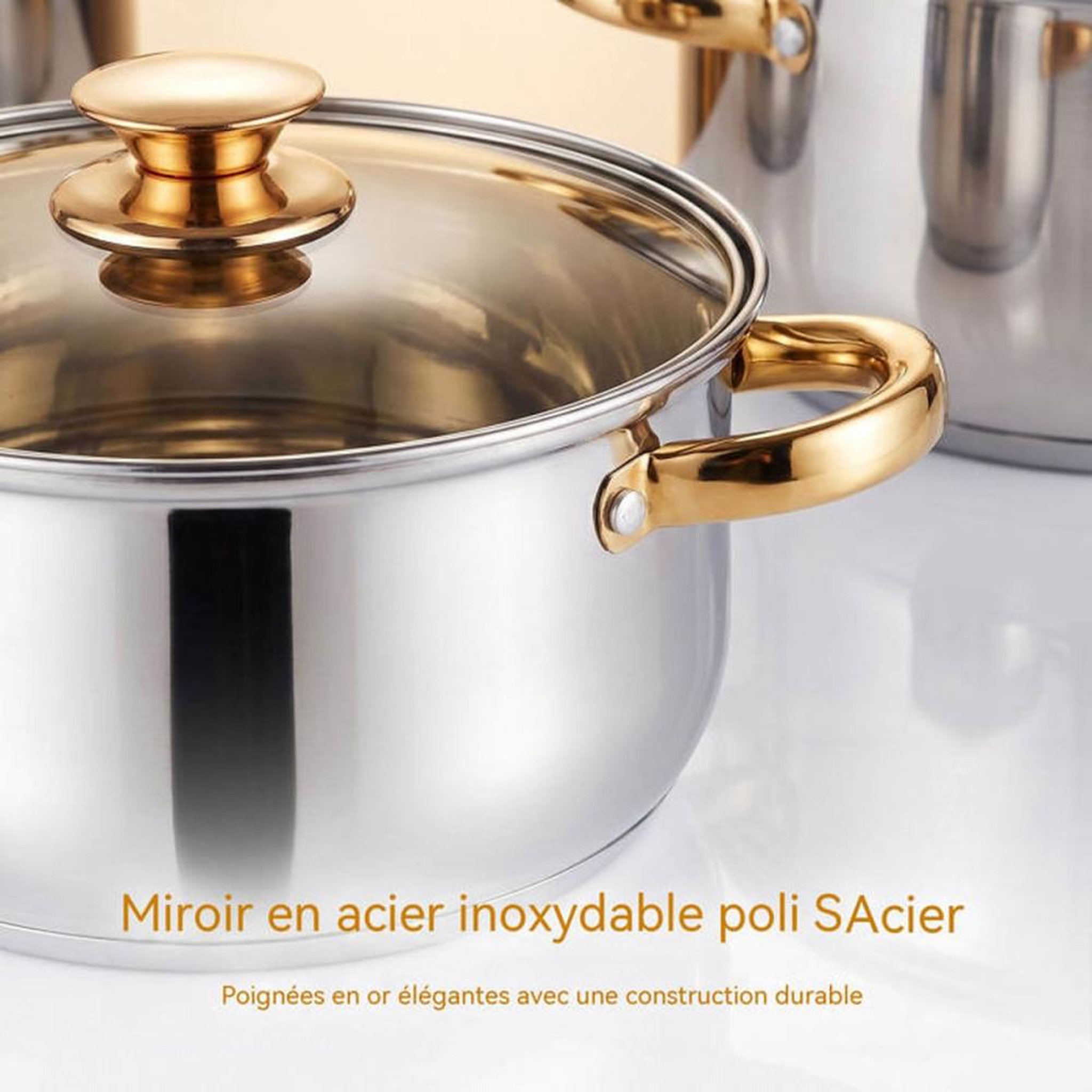 Voir la diapositive 6 : Ensemble de casseroles et poêles en acier inoxydable 201 6 pièces avec couvercles verre teinté finition dorée