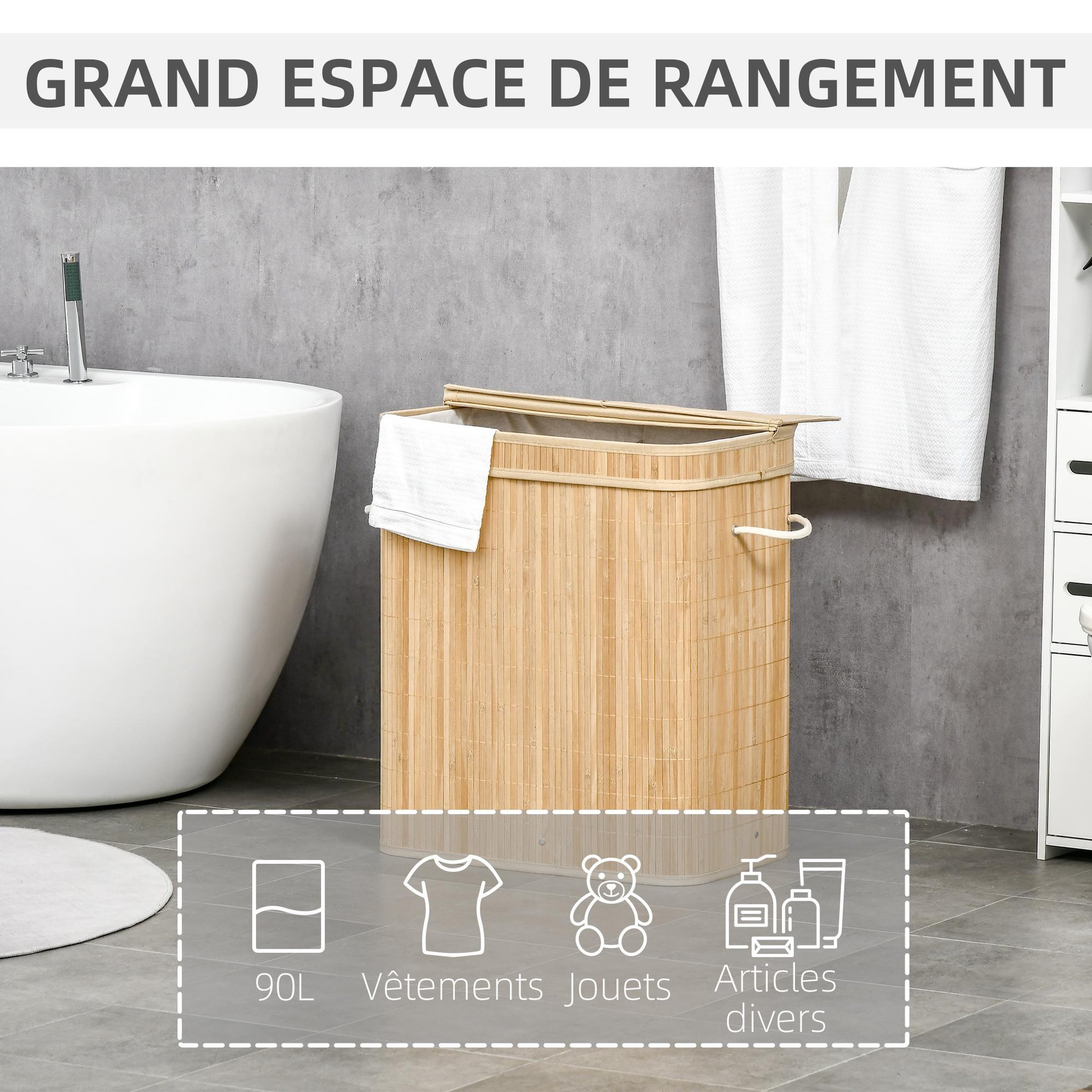 Voir la diapositive 4 : HOMCOM Panier à linge corbeille à linge bac à linge 100 l 2 compartiments couvercle sac amovible 2 poignées tissu bambou