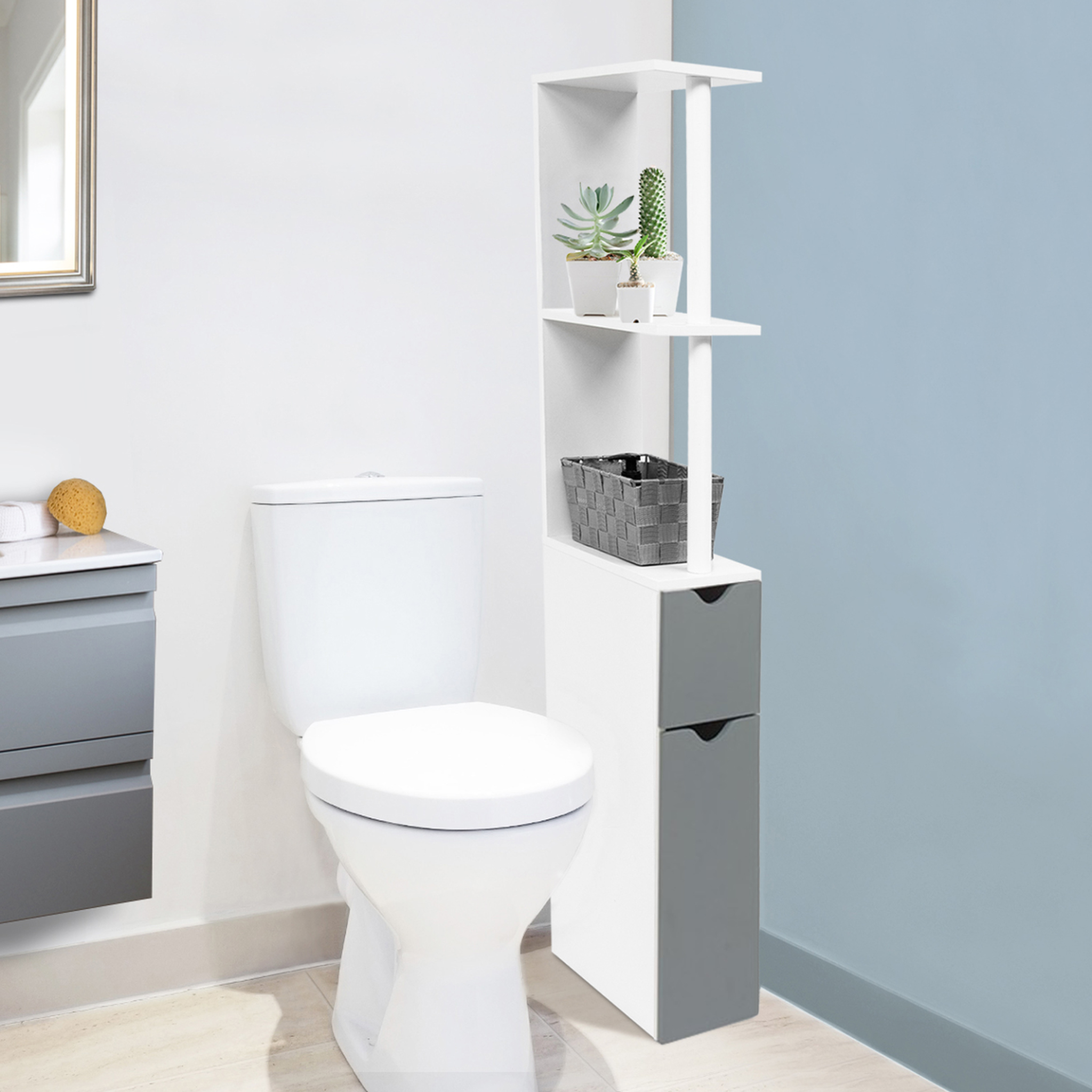 Voir la diapositive 2 : ID MARKET Meuble wc étagère willy bois 2 portes blanc et gris