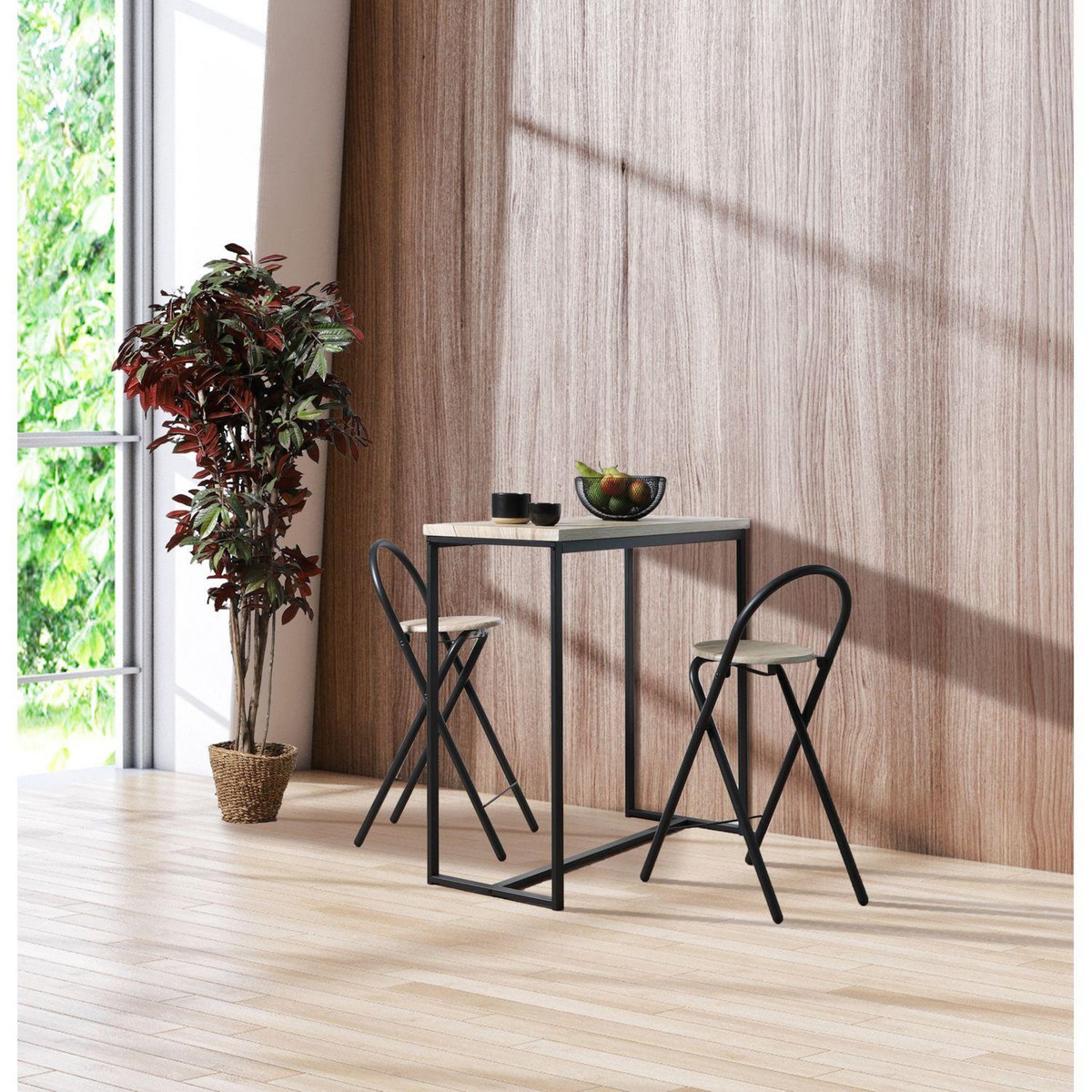 TOILINUX Table murale et ses 2 tabourets Dock en MDF et Métal - H.90 cm x L.100 cm - Beige et Noir