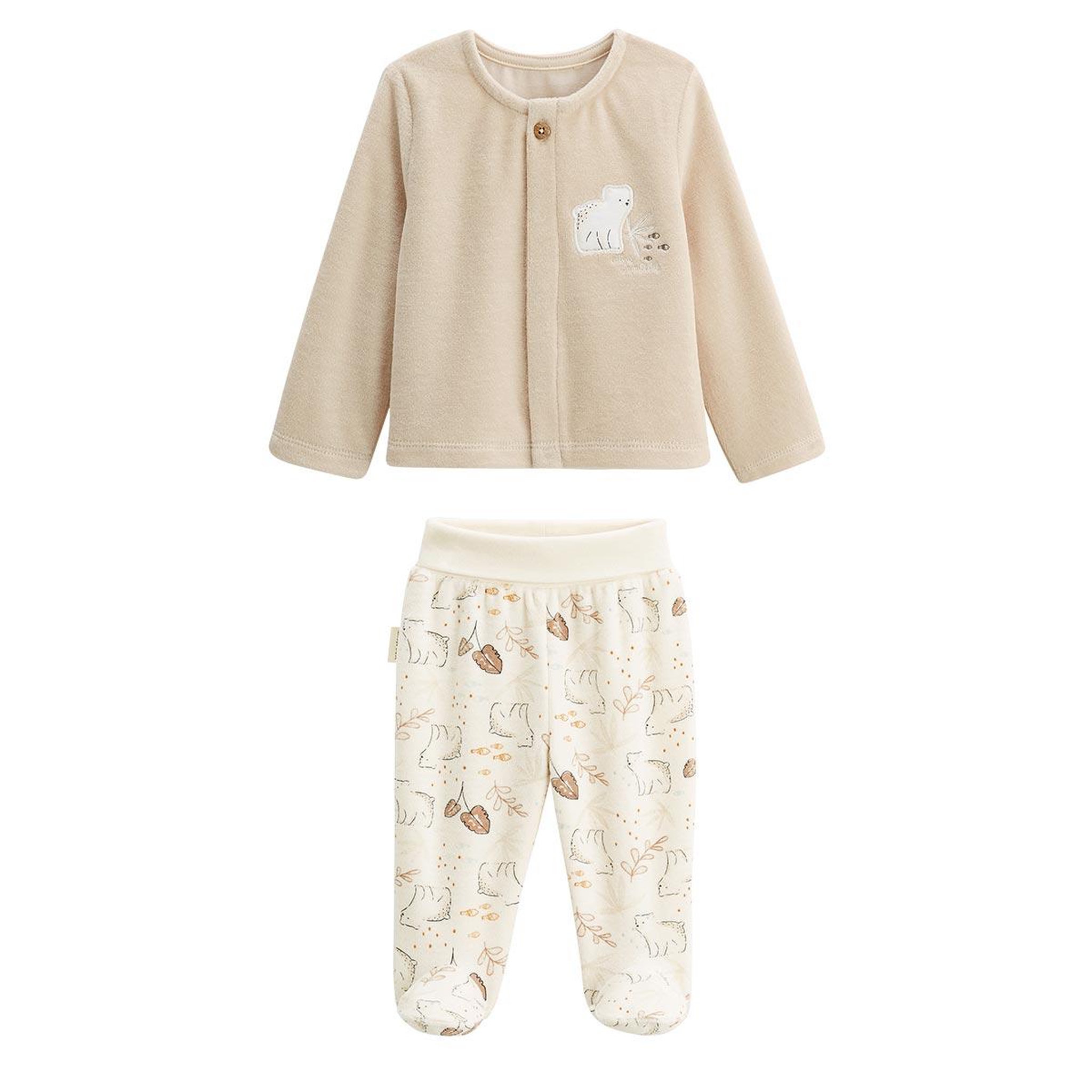 Petit Béguin Ensemble gilet et pantalon bébé en velours Câlins. Coloris disponibles : Beige