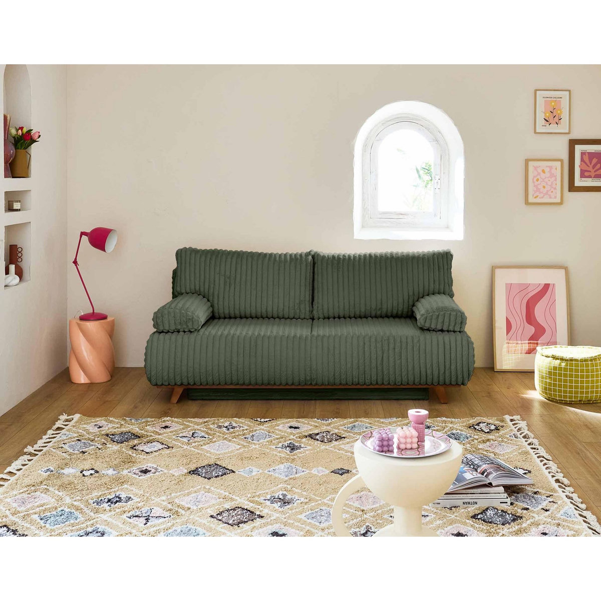 BEST MOBILIER Cristal - canapé 3 places - convertible avec coffre et pouf - en fausse fourrure côtelée