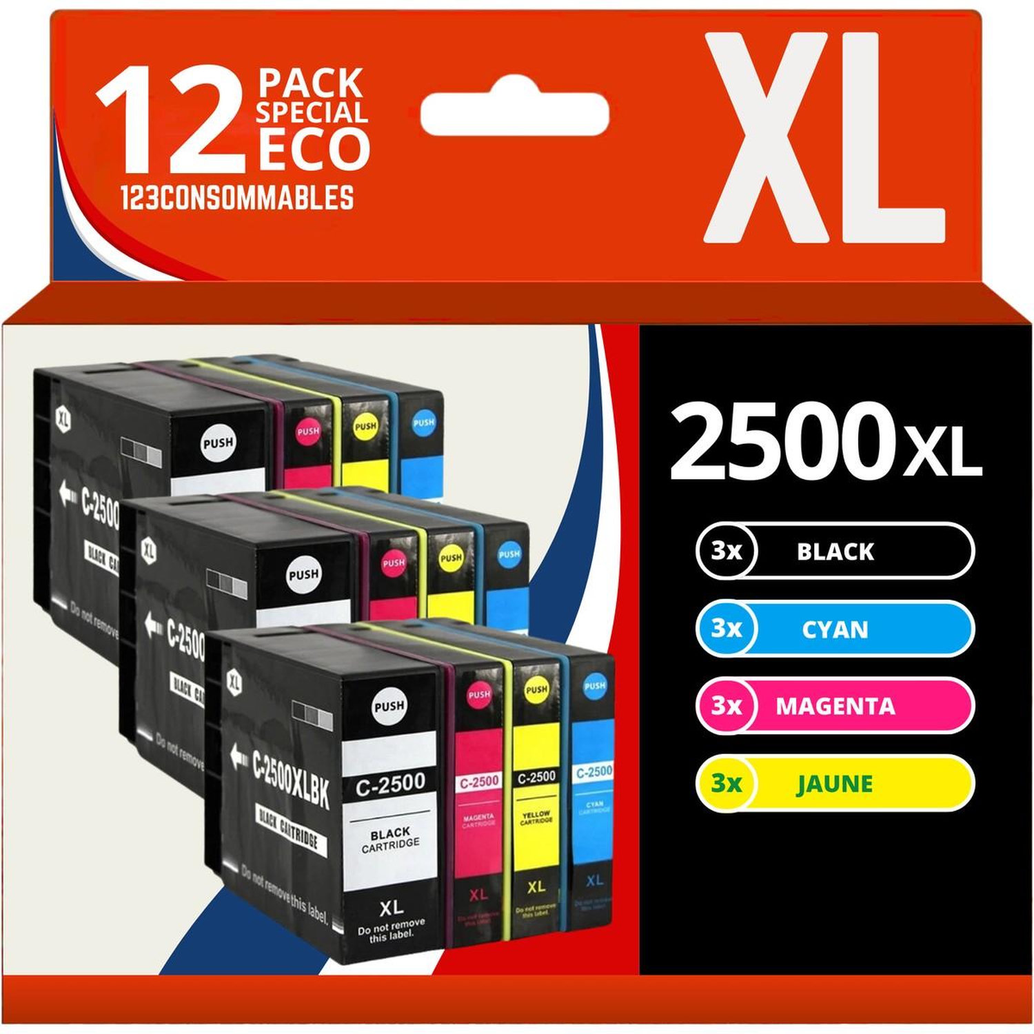 123CONSOMMABLES PGI 2500XL Cartouche Encre Compatible pour Canon PGL 2500 PGI 2500XL PGL2500XL pour Canon Maxify MB5150 MB5450 MB5050 MB5350 MB5050 MB5155 3 / 3 Cyan / 3 / 3 Jaune Neuf - vue 3
