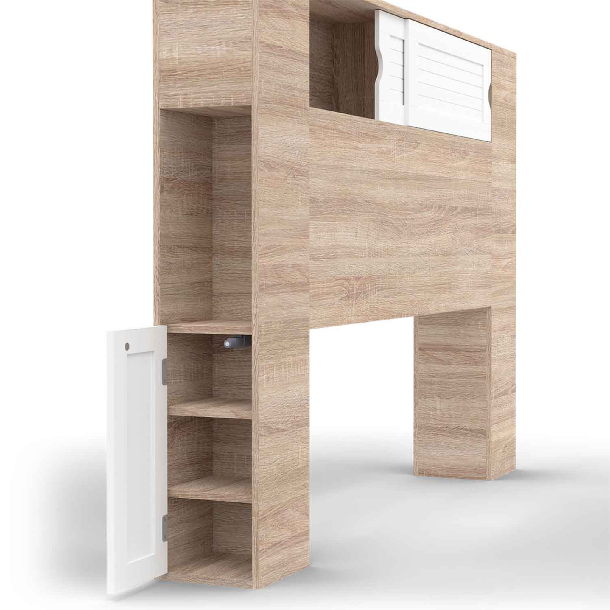 Voir la diapositive 5 : ID MARKET Tête de lit sur pied salem 145 cm avec rangements fermés et niches bois et blanc