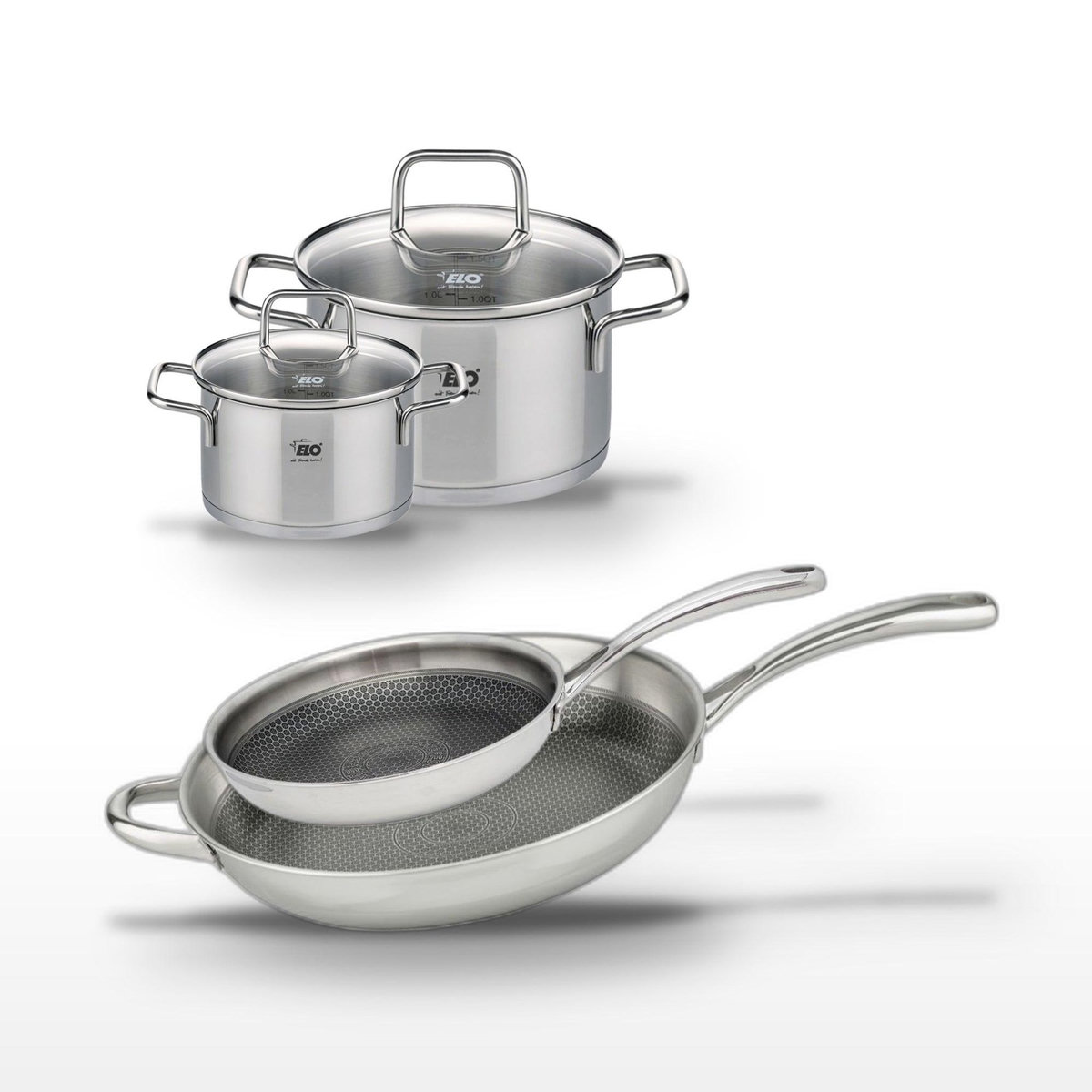 ELO Lot Poêles 32cm & 28cm et Faitouts 14cm & 20cm Elo Relief Evolution