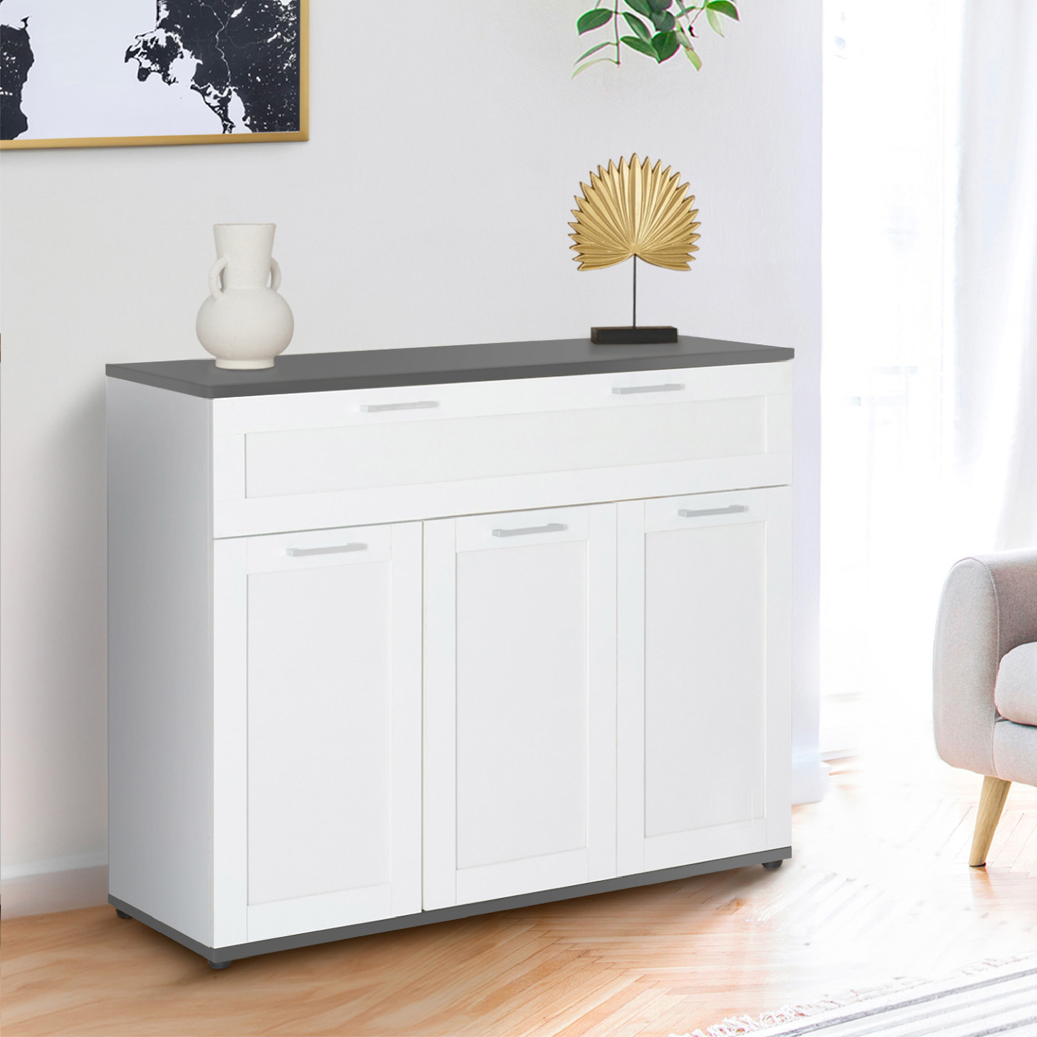 Voir la diapositive 2 : ID MARKET Buffet 100 cm vito 3 portes et 1 tiroir blanc et plateau gris