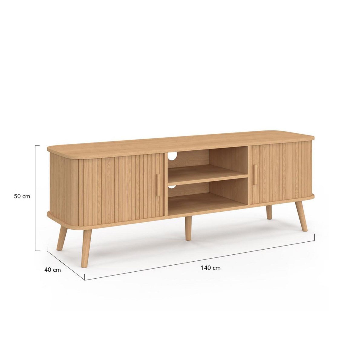 ID MARKET Meuble TV 140 cm ROMIE 2 portes coulissantes lattes tasseau bois coloris chêne