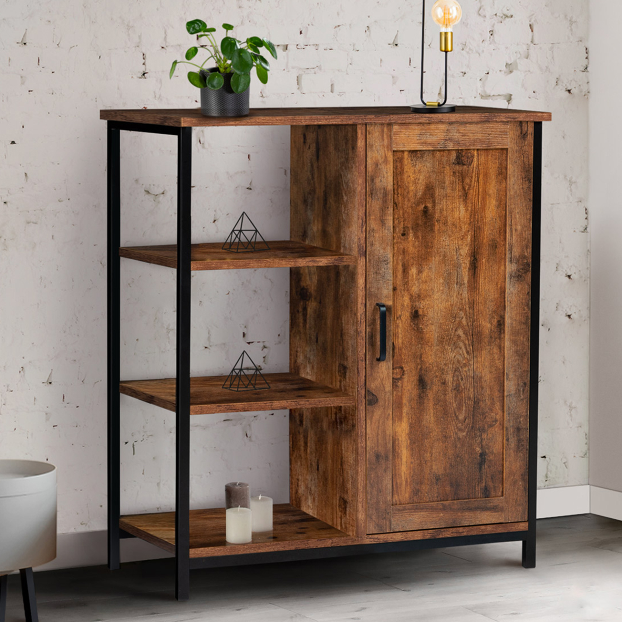 Voir la diapositive 2 : ID MARKET Buffet d'appoint 3 étagères et placard 70 cm dayton effet vieilli design industriel