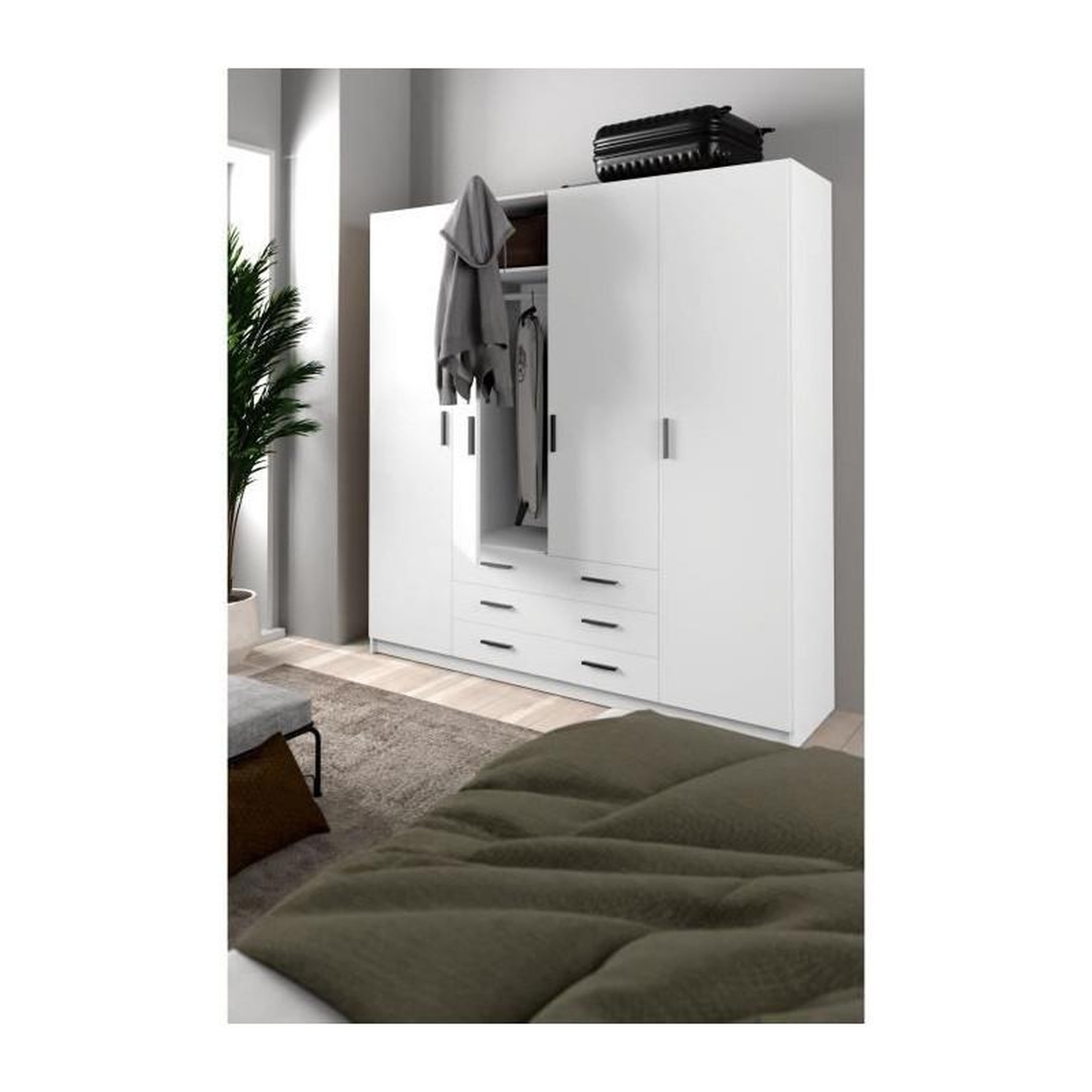 Voir la diapositive 2 : TVILUM Armoire VEGA - Décor Blanc mat - 4 portes + 3 tiroirs - L 195,5 x P 49,6 x H 200,4 cm - TVILUM