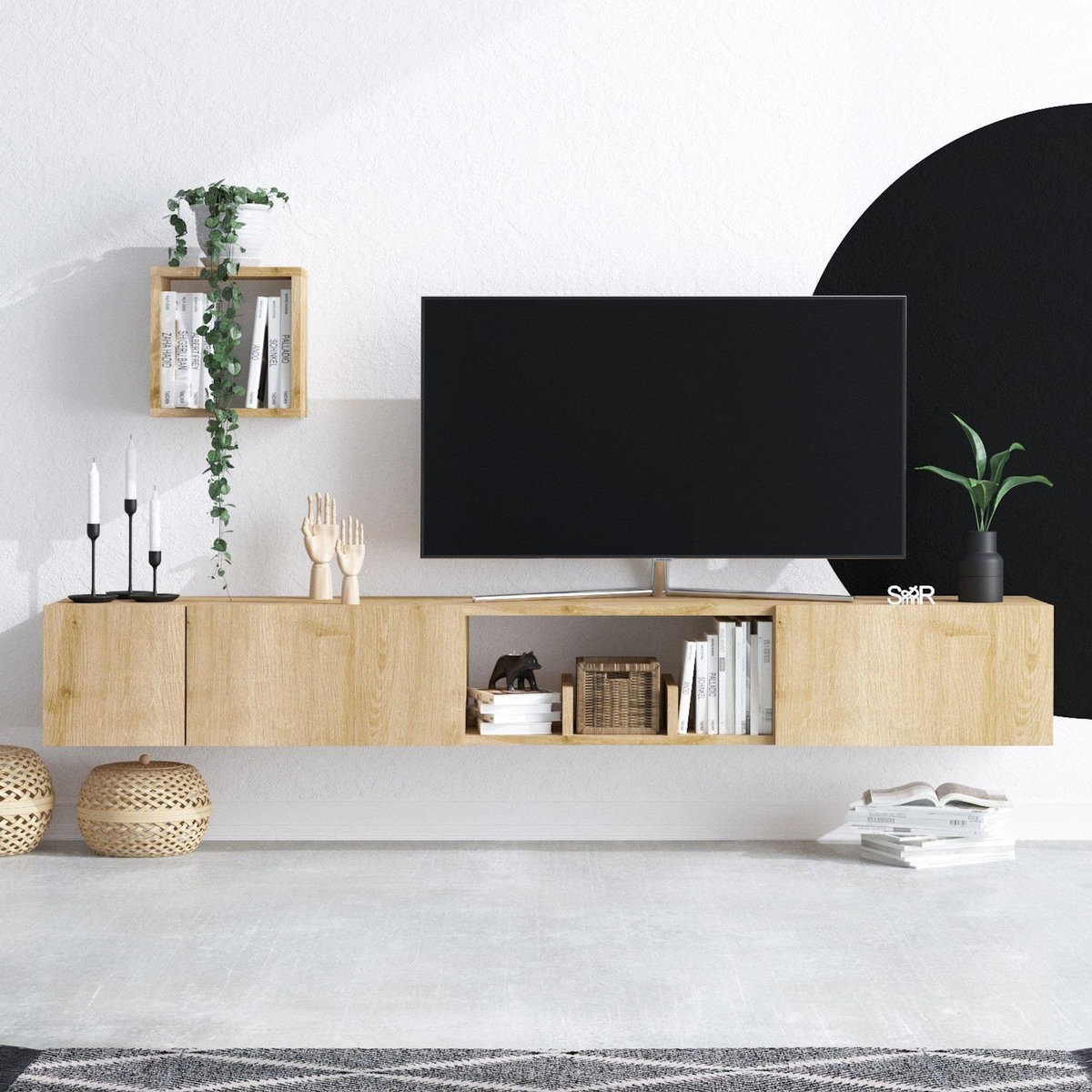 Habitat et Jardin Meuble TV avec étagère murale en bois  Avior  - 180 x 32 x 25 cm - Beige