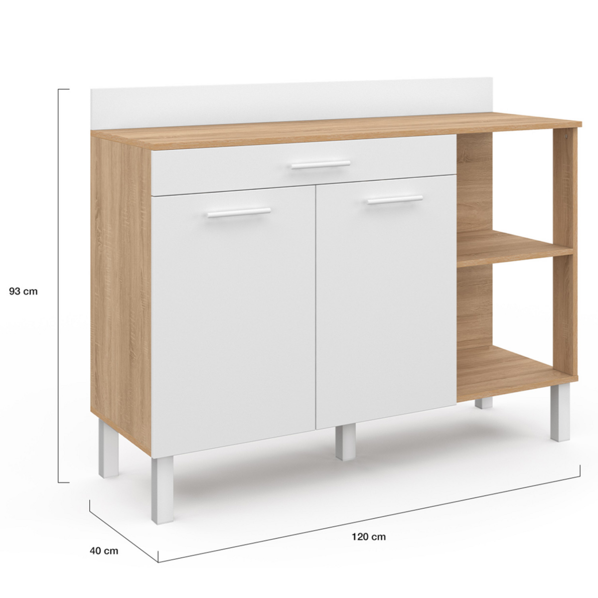 ID MARKET Buffet bas de cuisine 120 cm CINA plan de travail H.83 cm 2 portes + tiroir façon hêtre et blanc