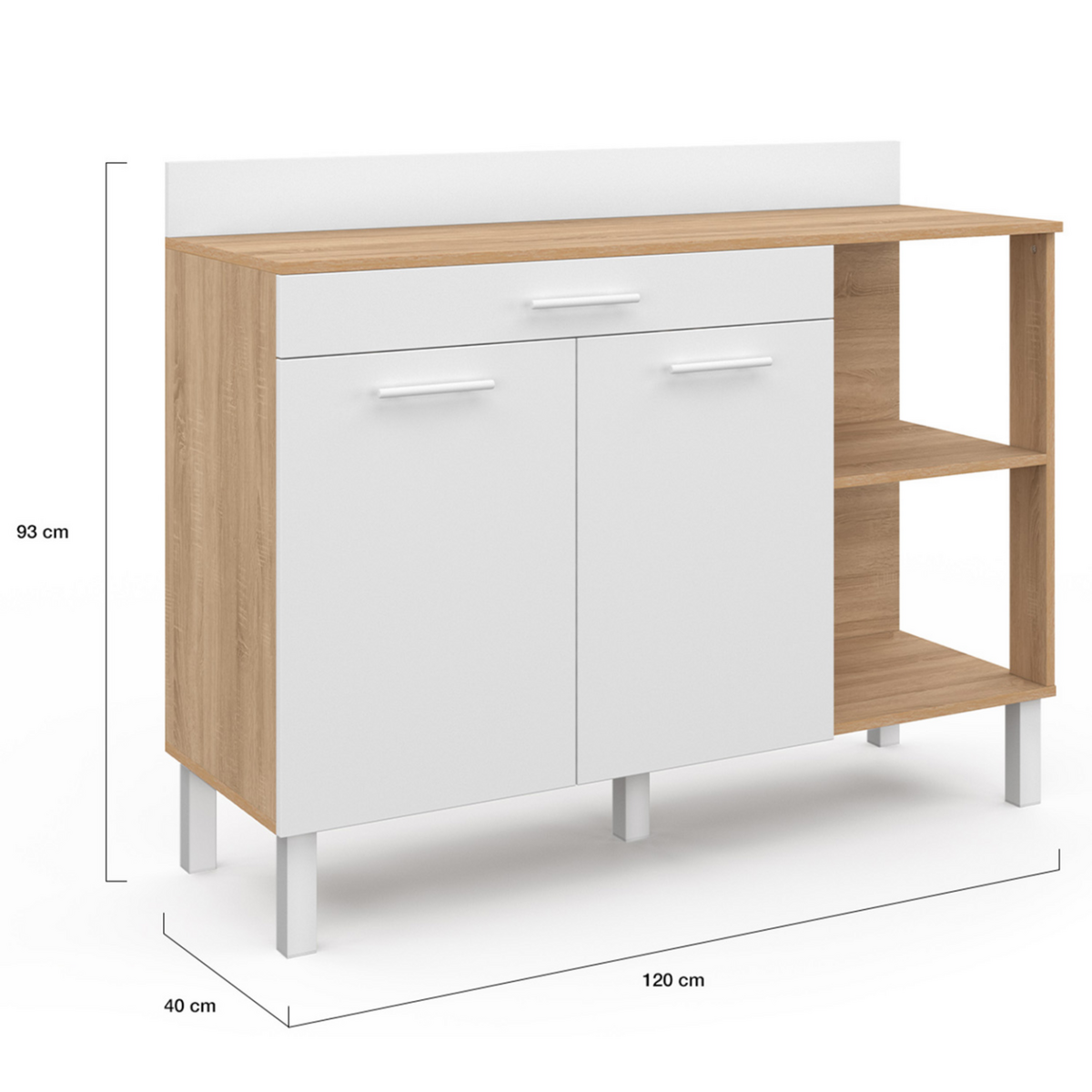 ID MARKET Buffet bas de cuisine 120 cm CINA plan de travail H.83 cm 2 portes + tiroir façon hêtre et blanc