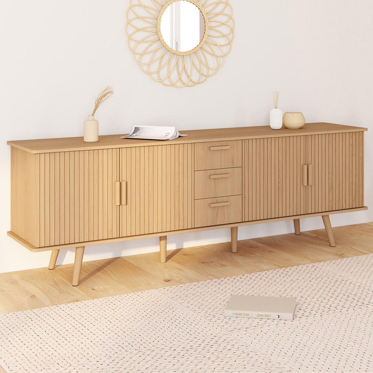 ID MARKET Buffet 180 cm JULIETTE XXL 4 portes et 3 tiroirs effet lattes tasseau bois