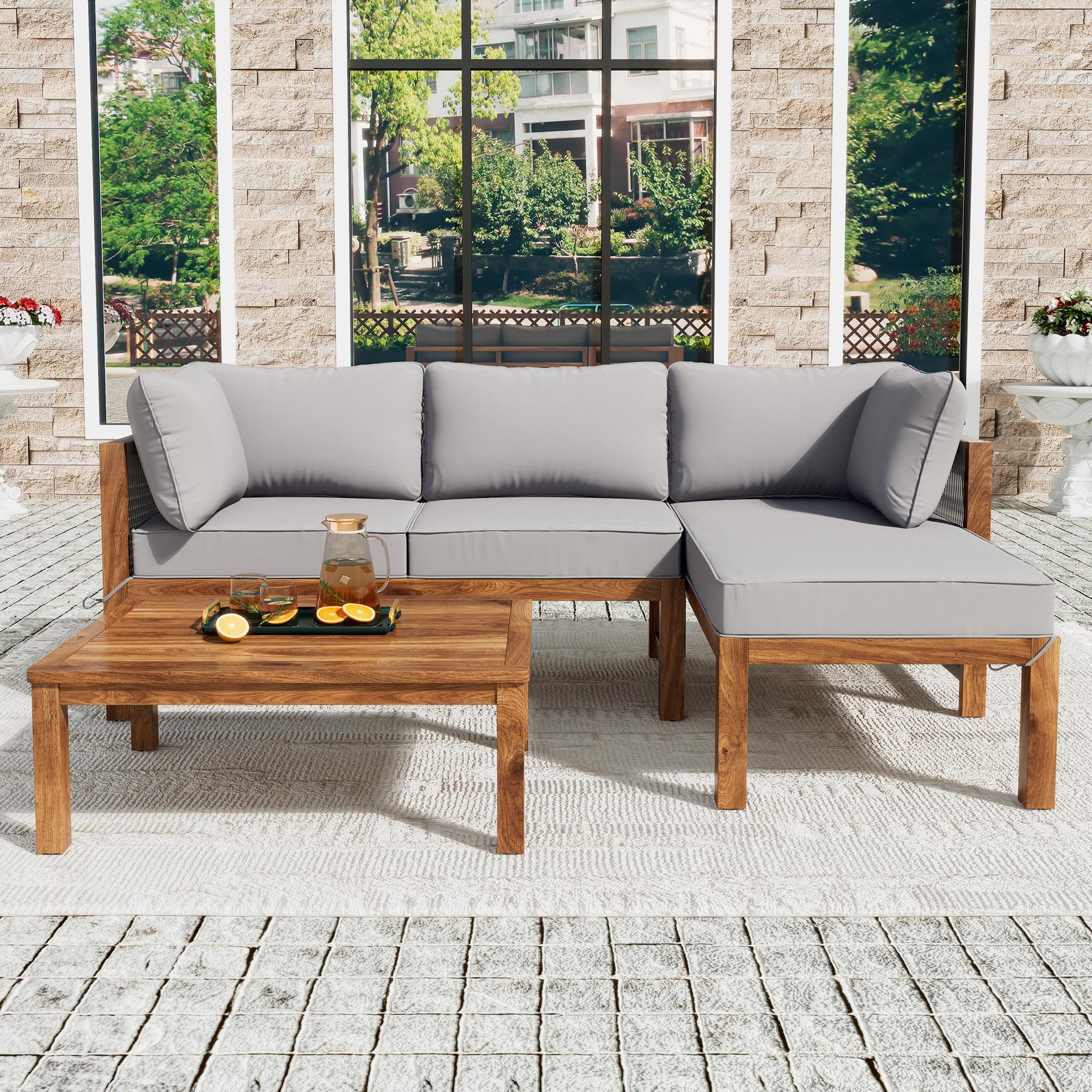 Voir la diapositive 4 : MERAX Salon de jardin angle 4 places en bois avec 2 canapés, table, pieds réglables, coussins, gris