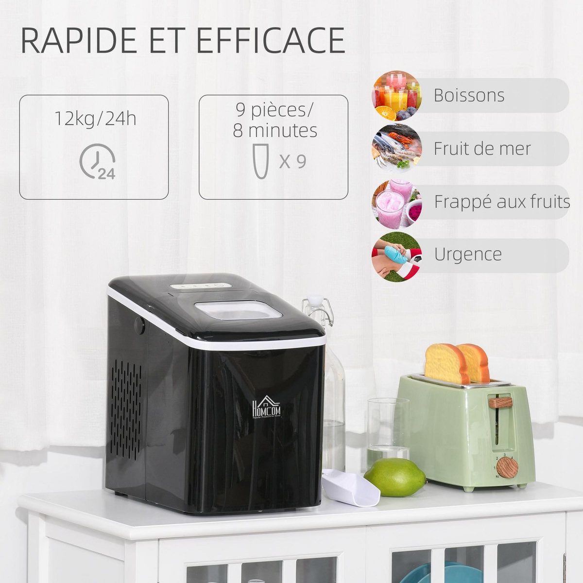 HOMCOM Machine à glaçon 120 W - capacité réservoir eau 1,8 L - capacité réservoir glace 0,8 Kg - cuillère et panier inclus - PP noir